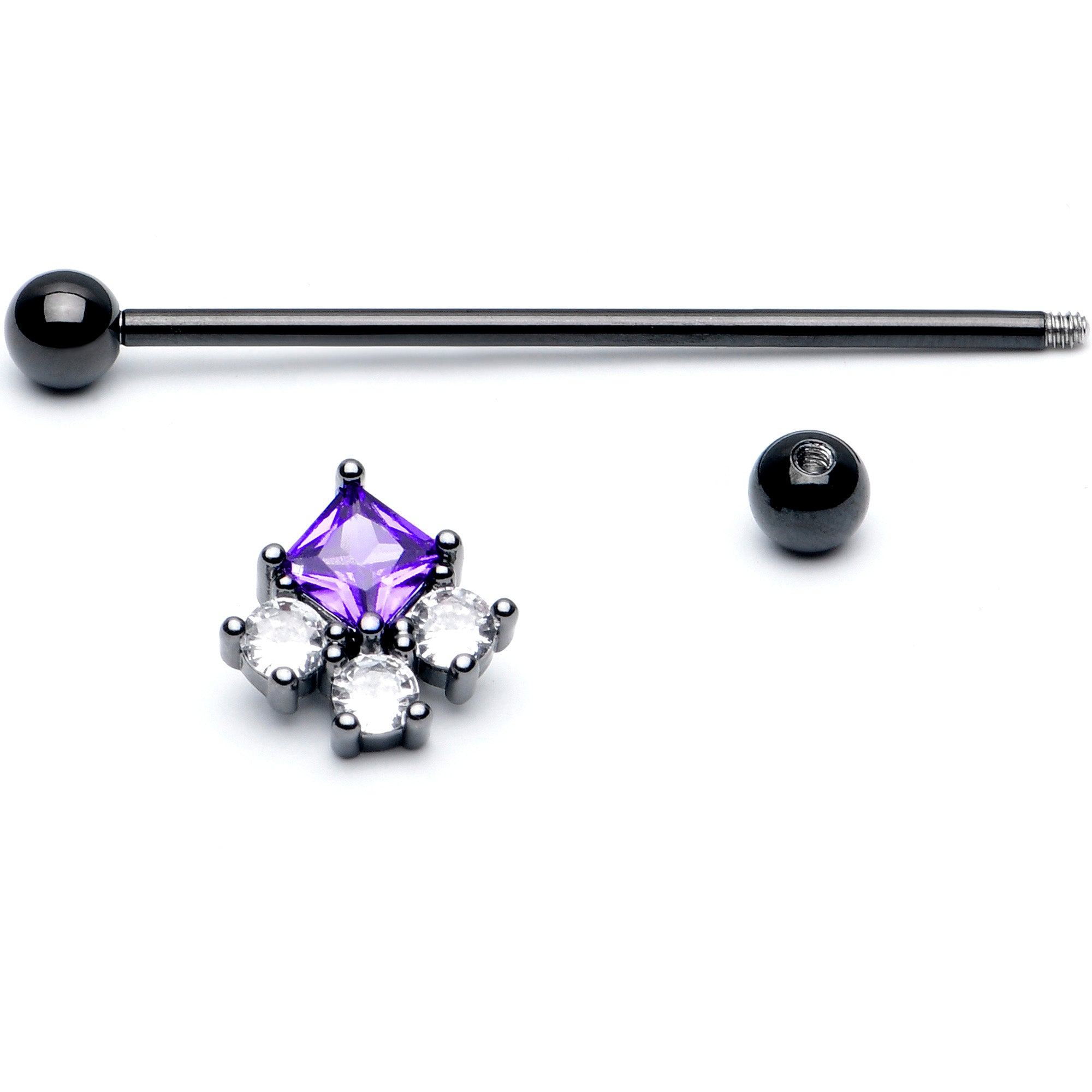 14 Gauge Clear Purple CZ Gem Black Rhombus Riot Industrial Barbell 38mm