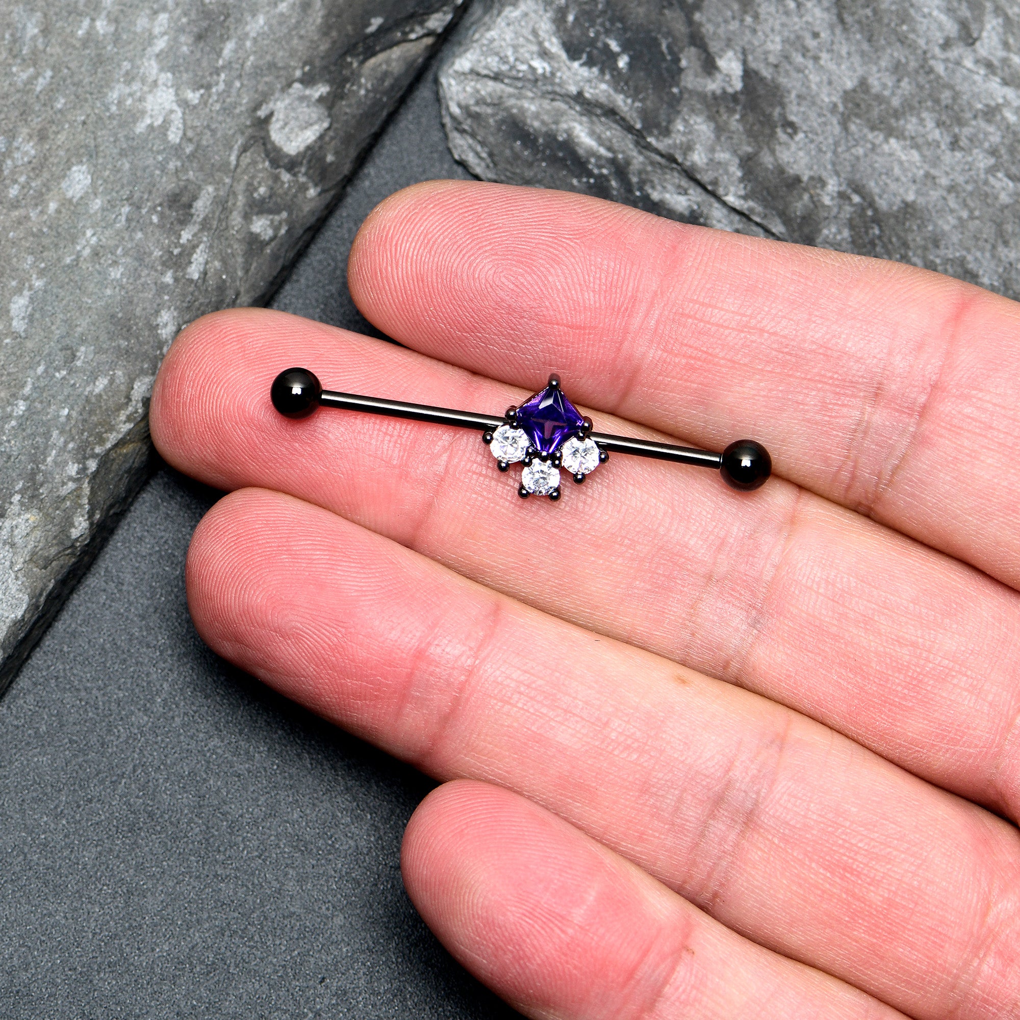 14 Gauge Clear Purple CZ Gem Black Rhombus Riot Industrial Barbell 38mm