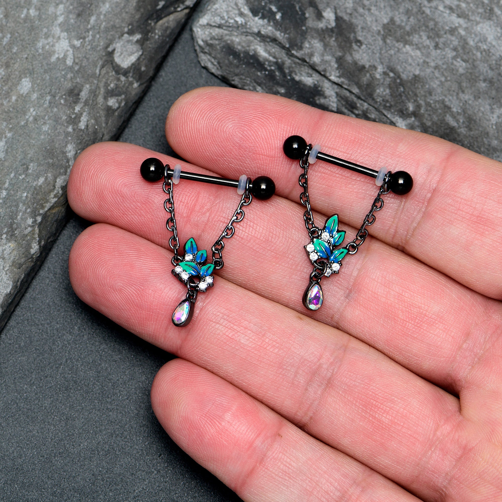 14 Gauge 9/16 Aurora CZ Gem Black Lush Leaves Dangle Nipple Ring Set