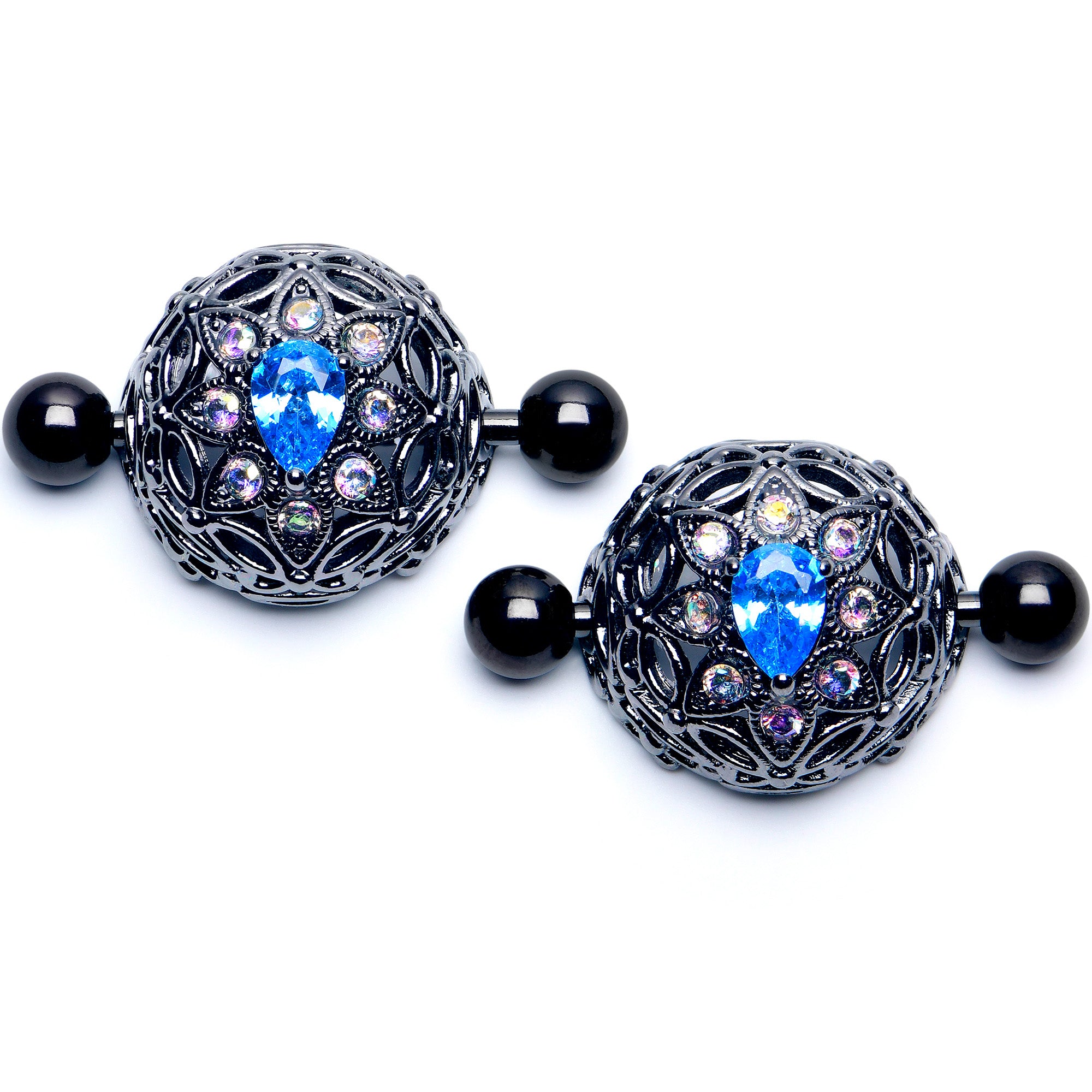 14 Gauge 9/16 Blue Aurora Gem Black Night Blossom Nipple Shield Set