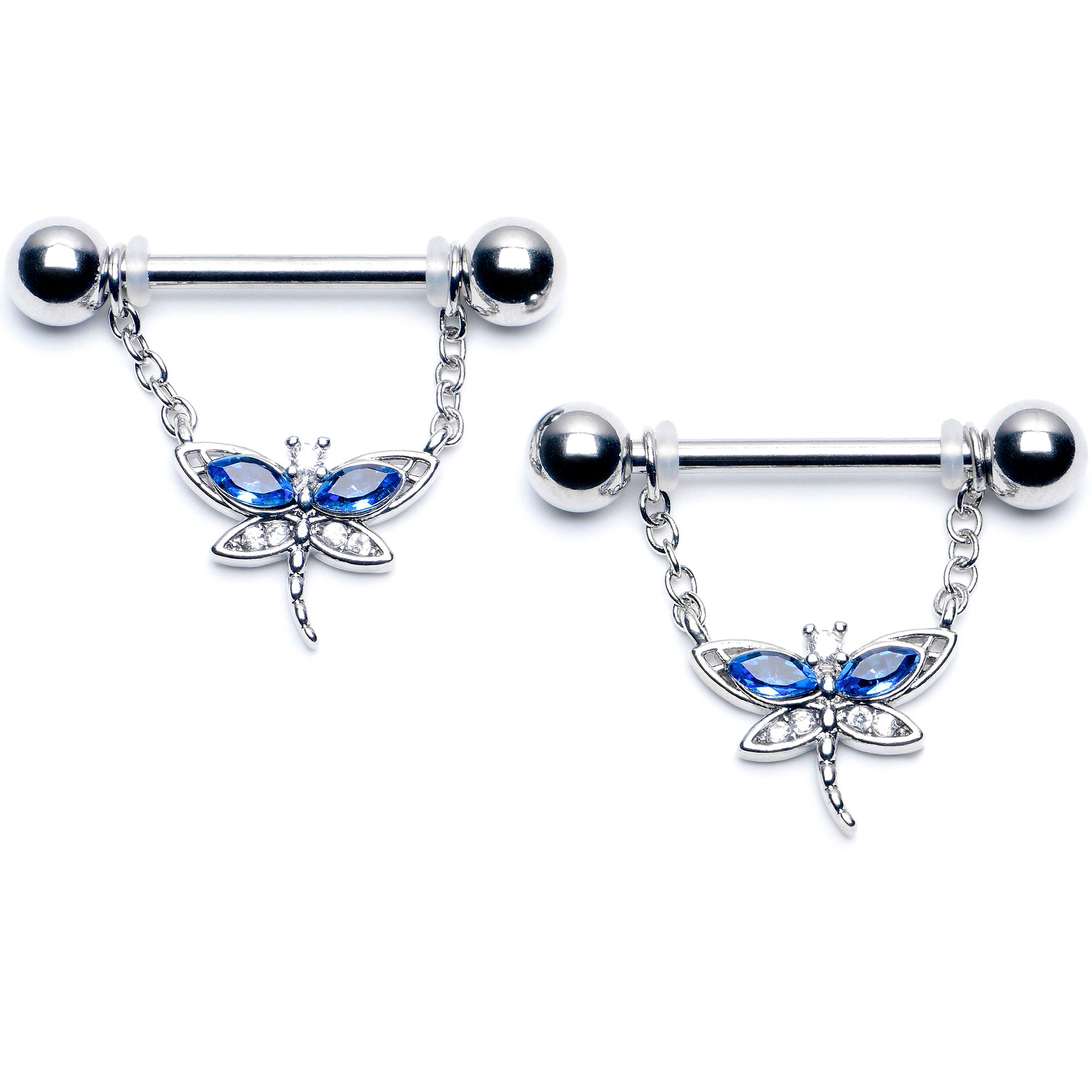 14 Gauge 9/16 Blue CZ Gem Dragonfly Dream Dangle Nipple Ring Set