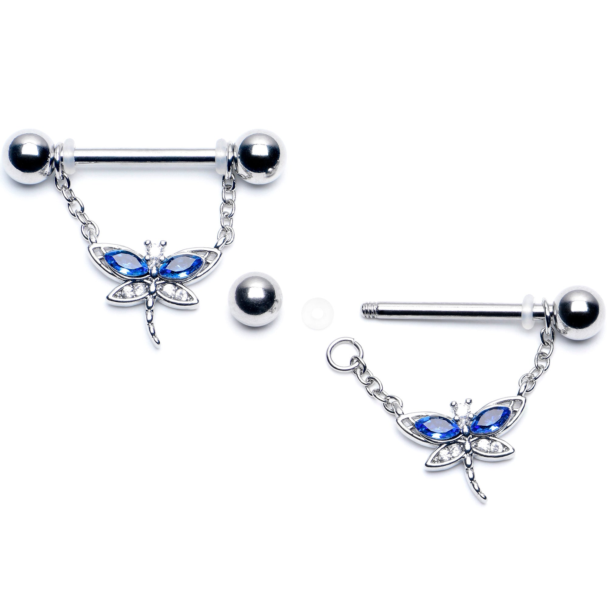 14 Gauge 9/16 Blue CZ Gem Dragonfly Dream Dangle Nipple Ring Set