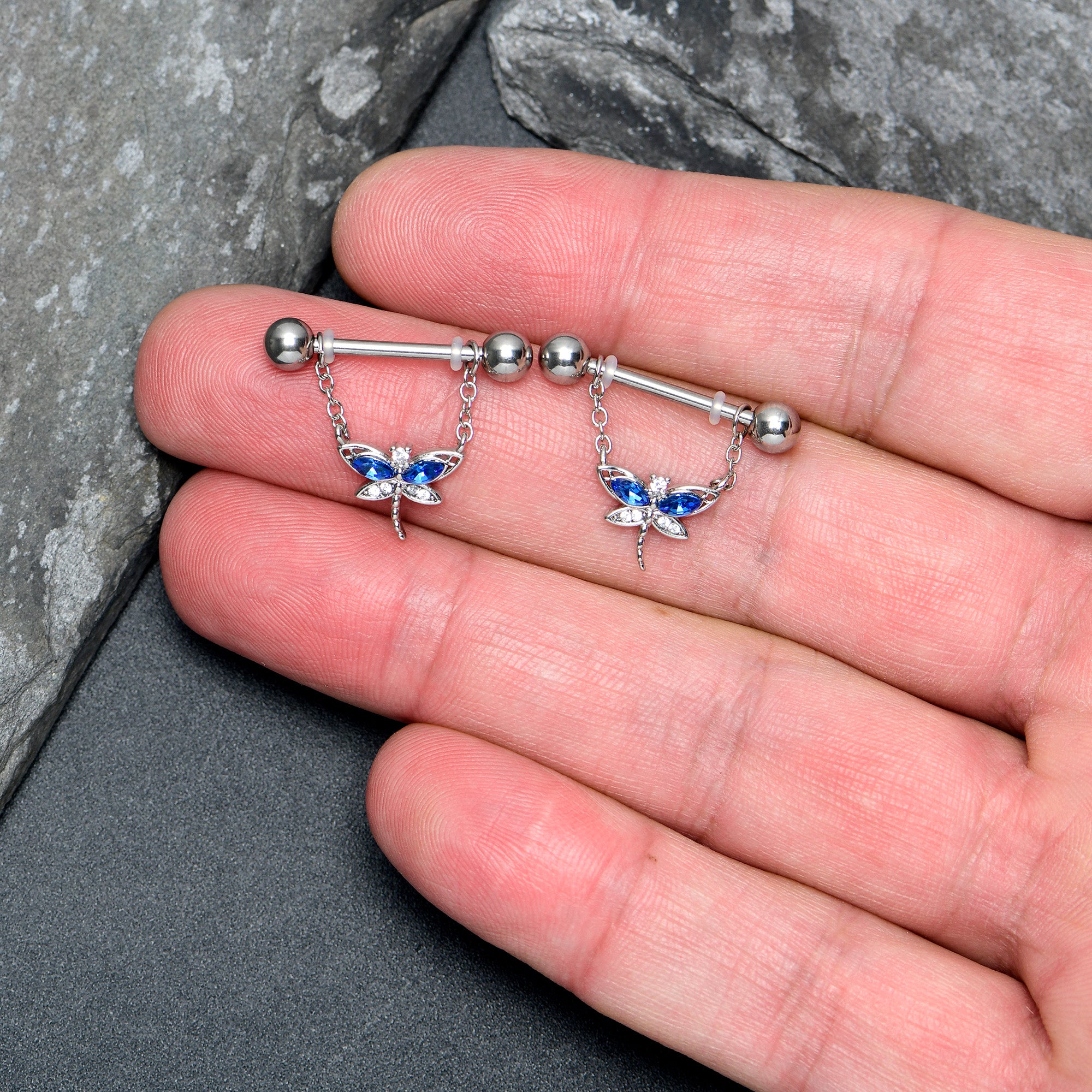 14 Gauge 9/16 Blue CZ Gem Dragonfly Dream Dangle Nipple Ring Set