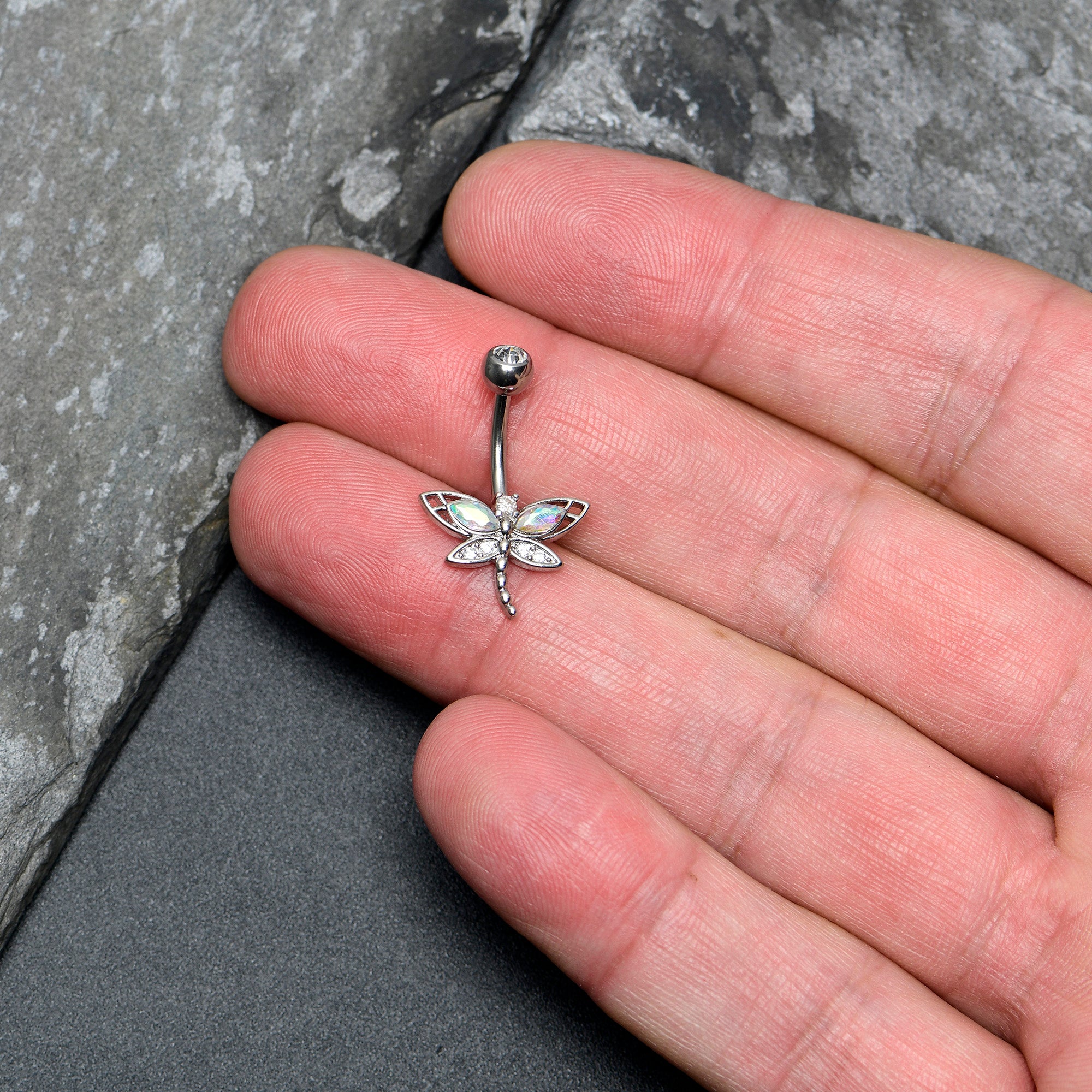 Aurora Clear CZ Gem Understated Dragonfly Belly Ring