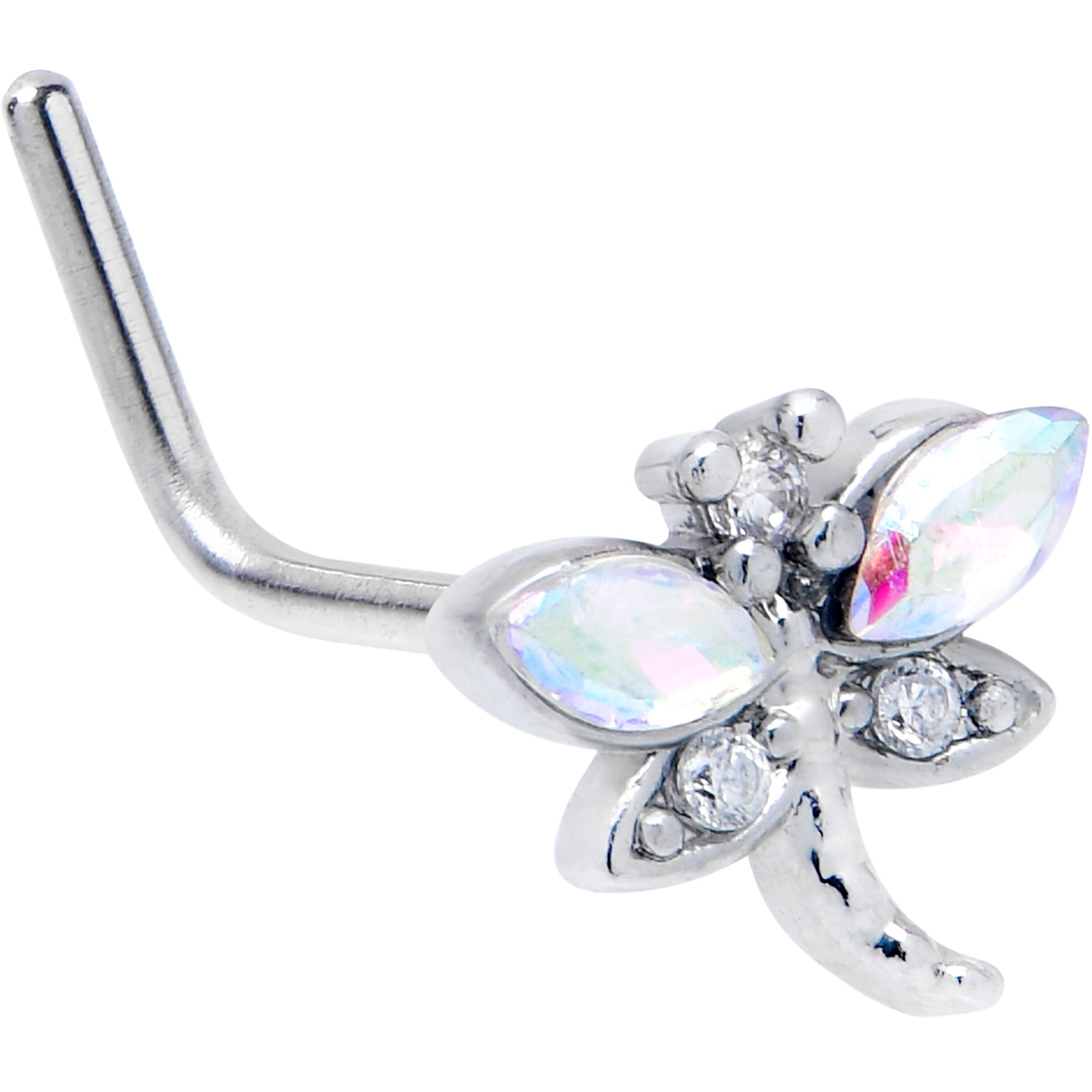 20 Gauge 7mm Aurora CZ Gem Understated Dragonfly L Shape Nose Ring