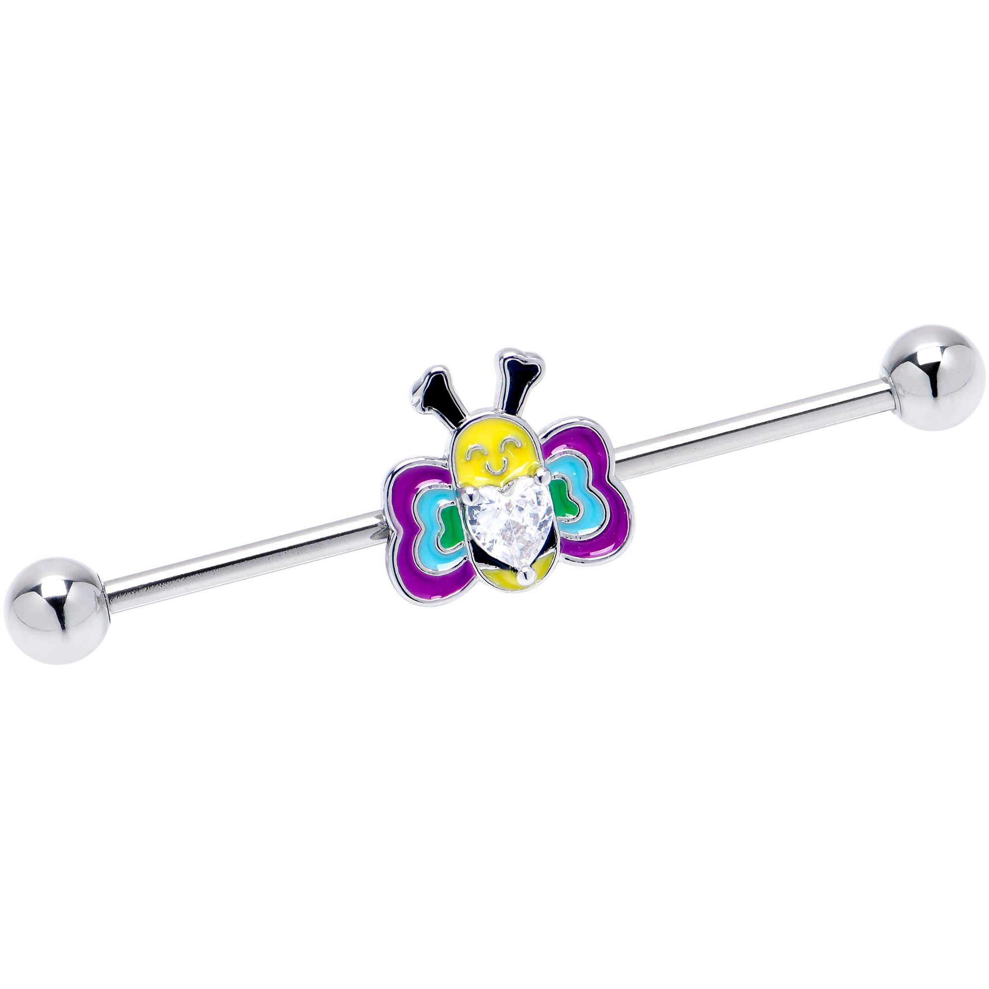 14 Gauge Clear CZ Gem Butterfly Love Bug Heart Industrial Barbell 38mm