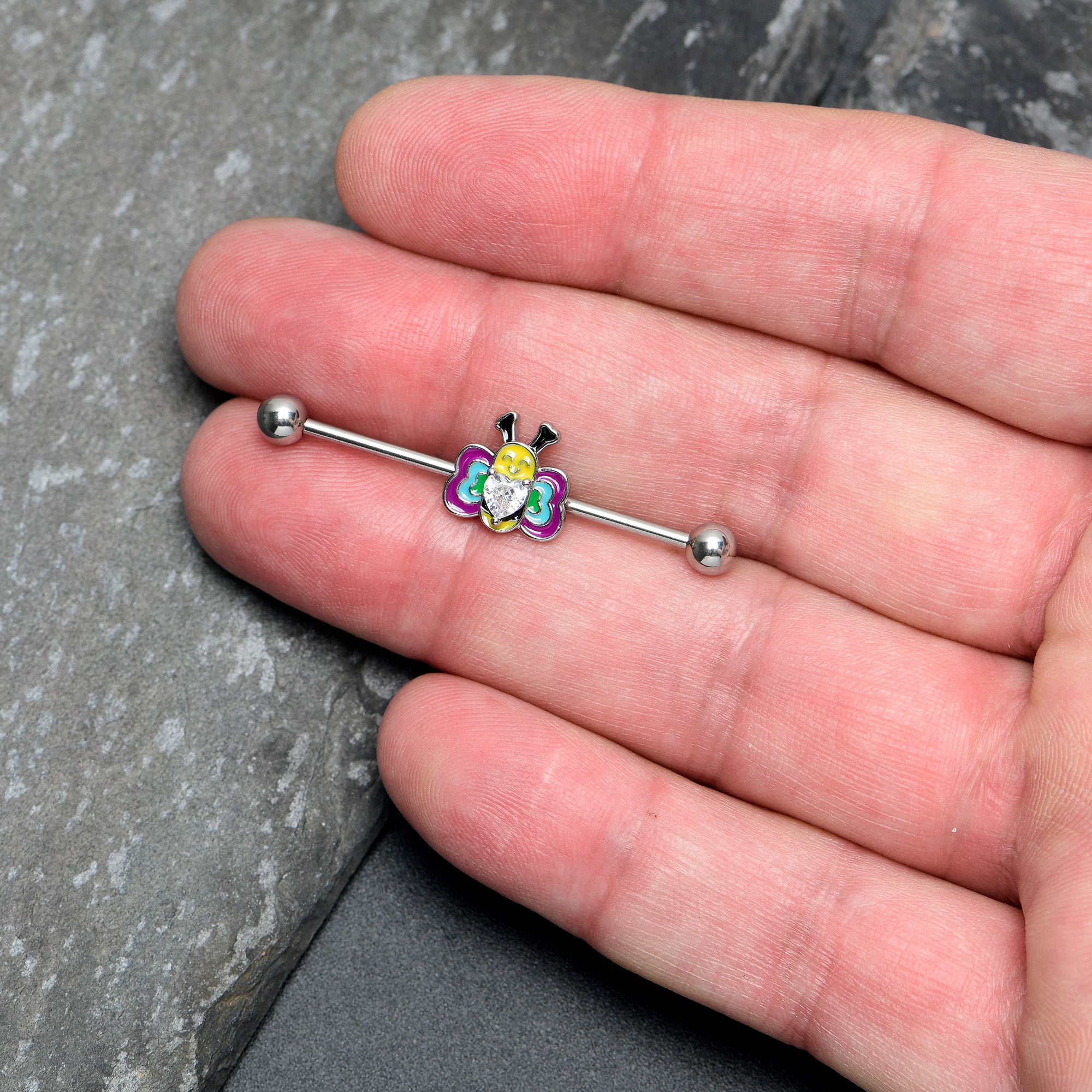 14 Gauge Clear CZ Gem Butterfly Love Bug Heart Industrial Barbell 38mm