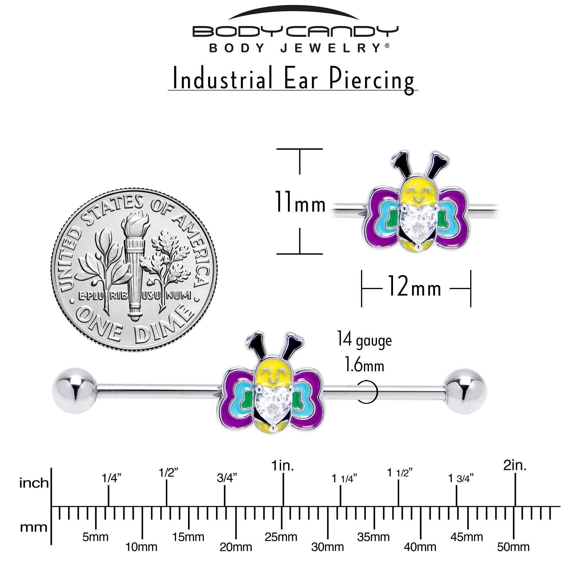 14 Gauge Clear CZ Gem Butterfly Love Bug Heart Industrial Barbell 38mm