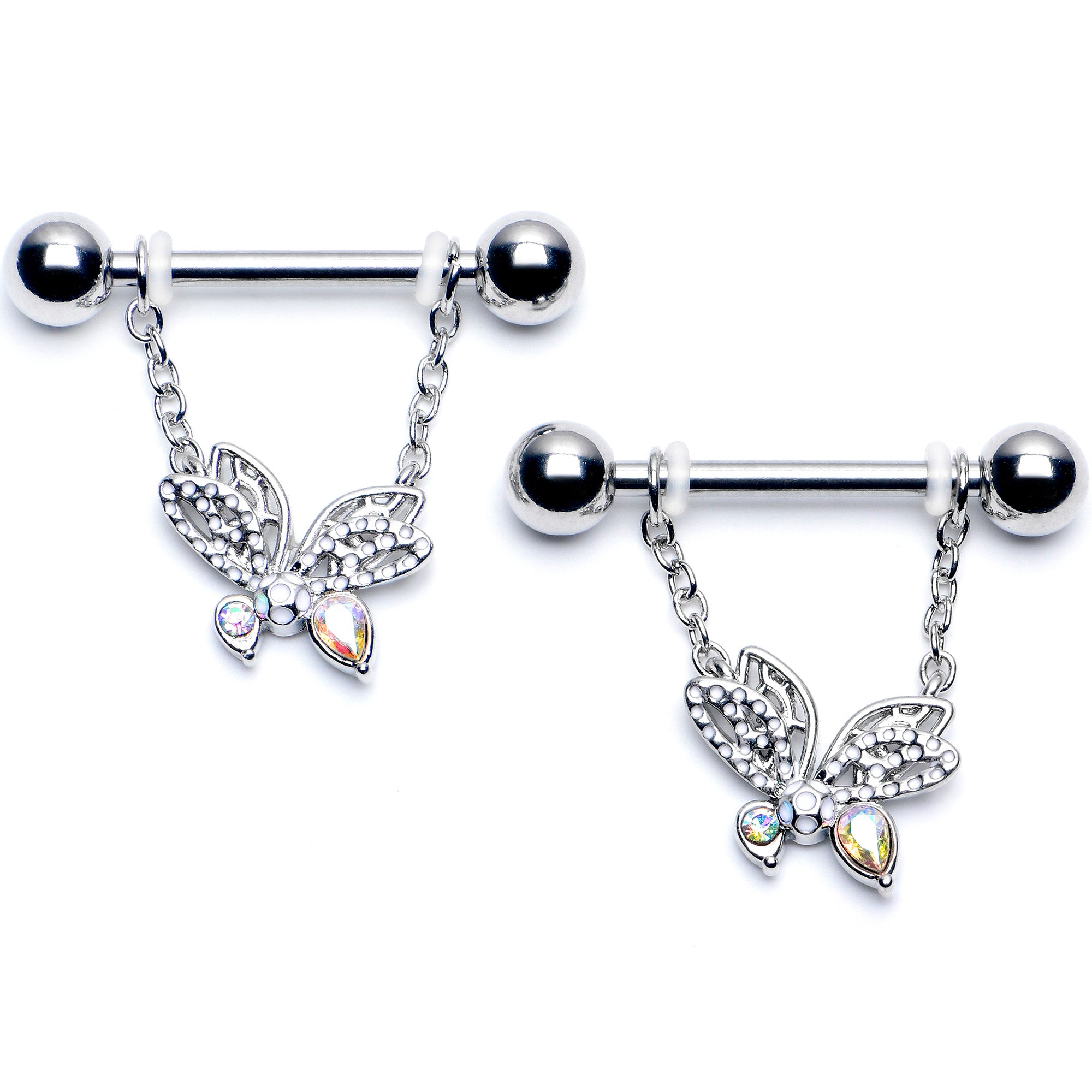 14 Gauge 9/16 Aurora CZ  Gem Ultra Drama Butterfly Dangle Nipple Ring Set