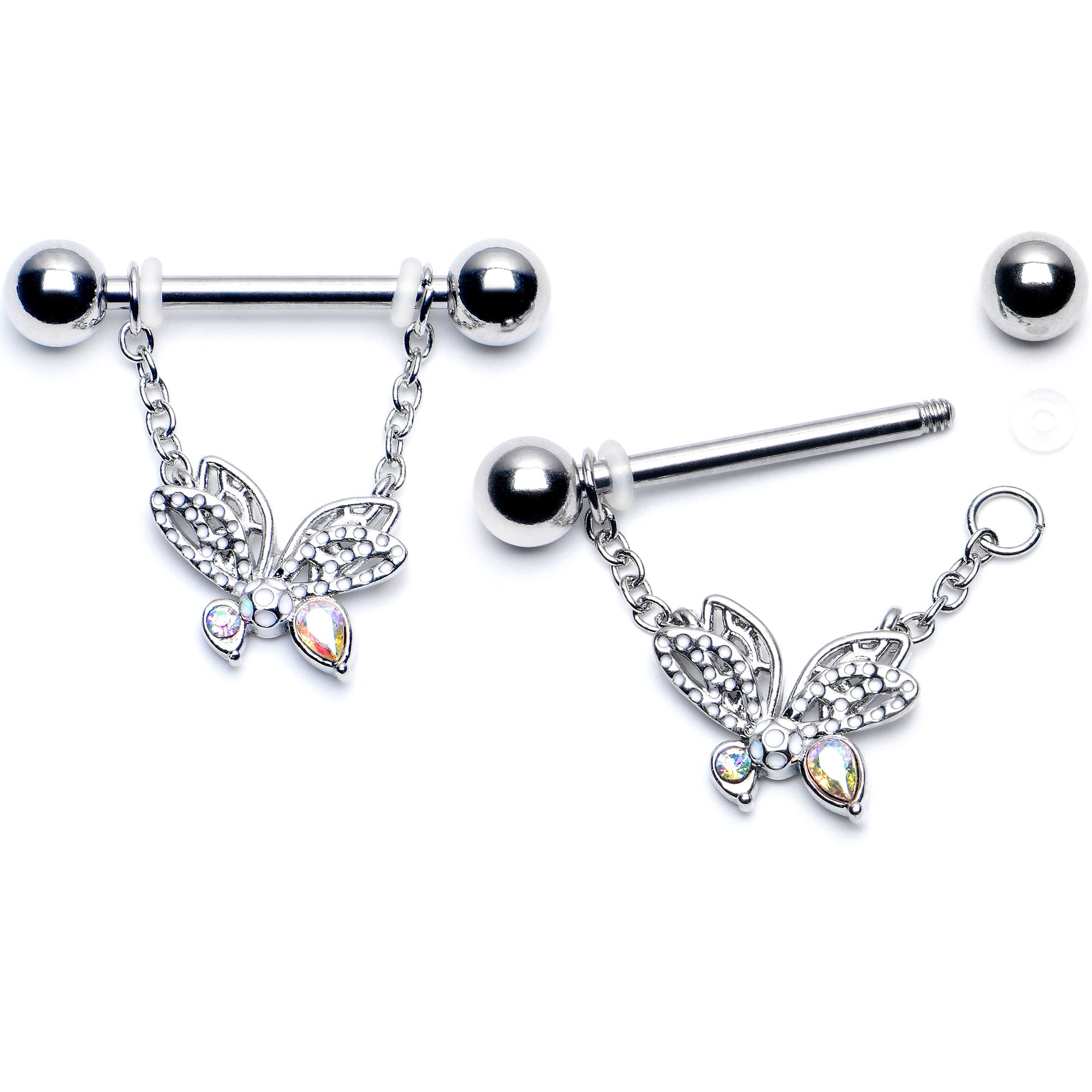 14 Gauge 9/16 Aurora CZ  Gem Ultra Drama Butterfly Dangle Nipple Ring Set