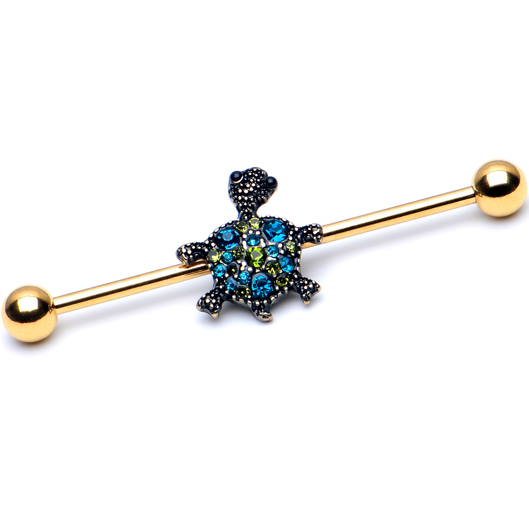 14 Gauge Blue Gem Gold Tone Sweet Sea Turtle Industrial Barbell 38mm