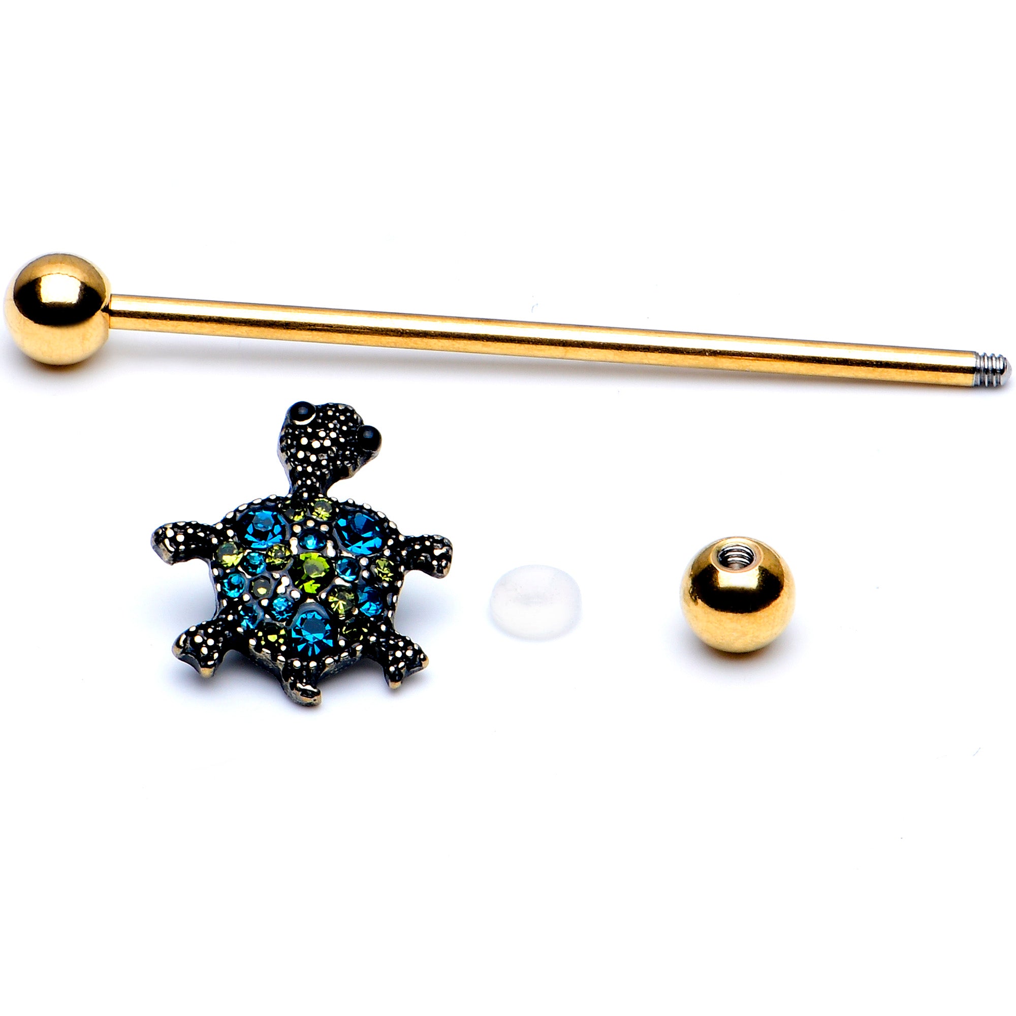 14 Gauge Blue Gem Gold Tone Sweet Sea Turtle Industrial Barbell 38mm