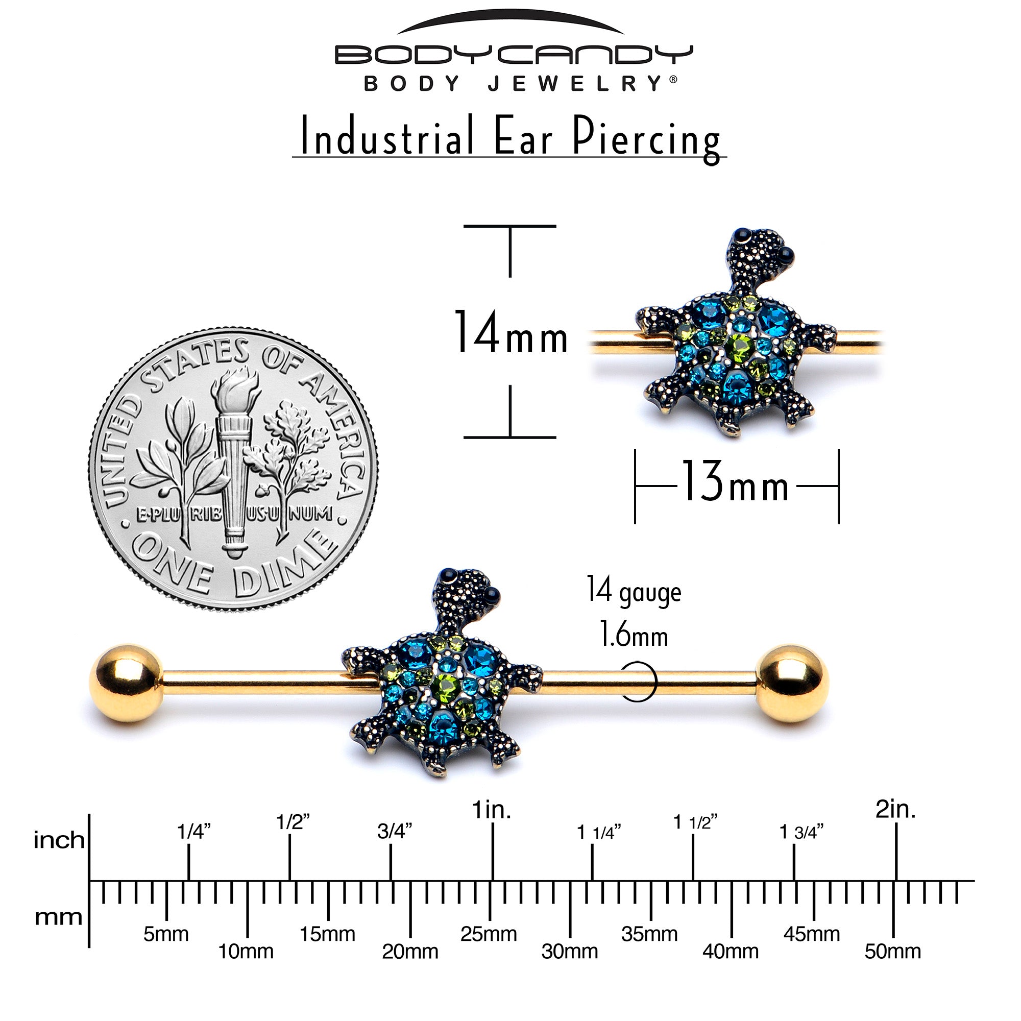 14 Gauge Blue Gem Gold Tone Sweet Sea Turtle Industrial Barbell 38mm