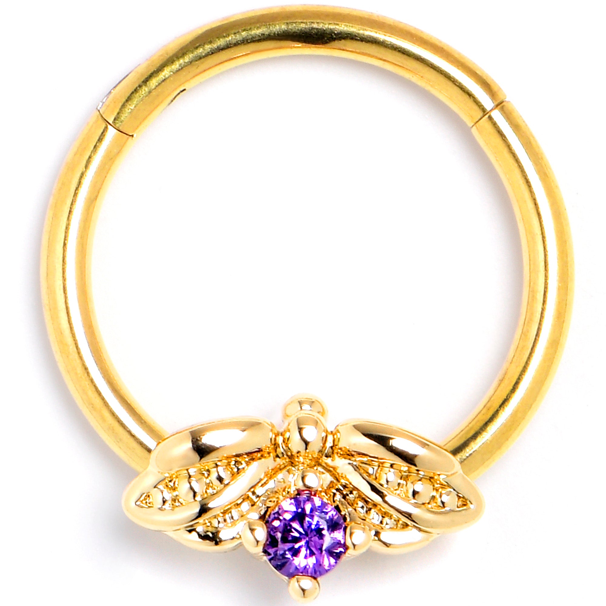 16 Gauge 3/8 Purple Gem Gold Tone Beauty Bug Hinged Segment Ring