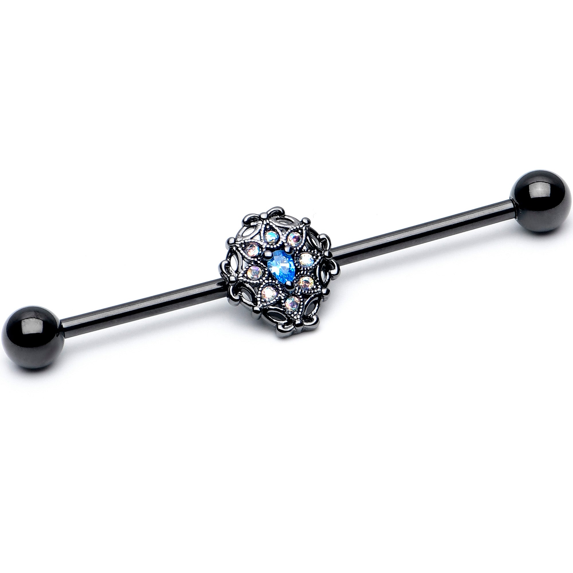 14 Gauge Blue Aurora Gem Black Night Blossom Industrial Barbell 38mm