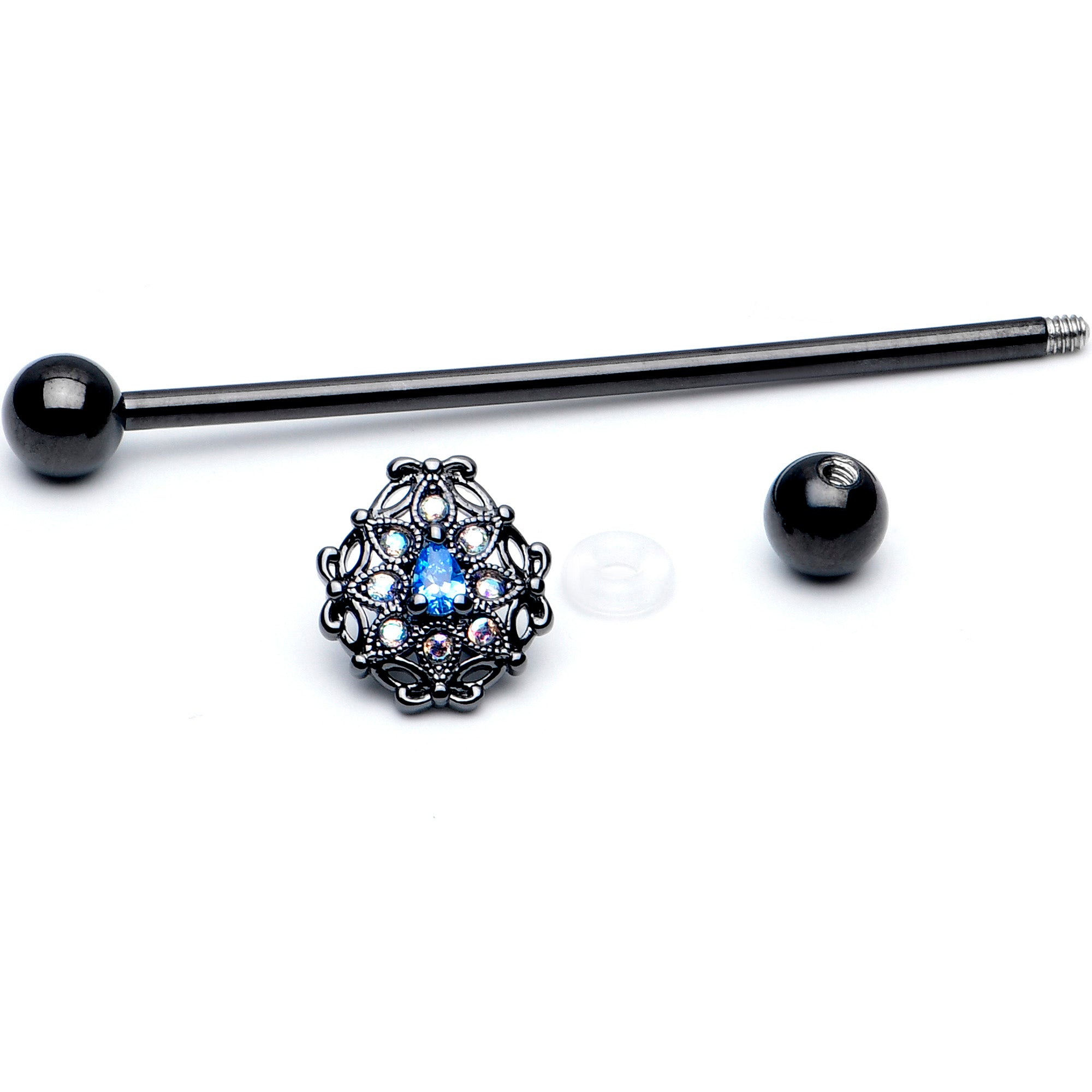 14 Gauge Blue Aurora Gem Black Night Blossom Industrial Barbell 38mm