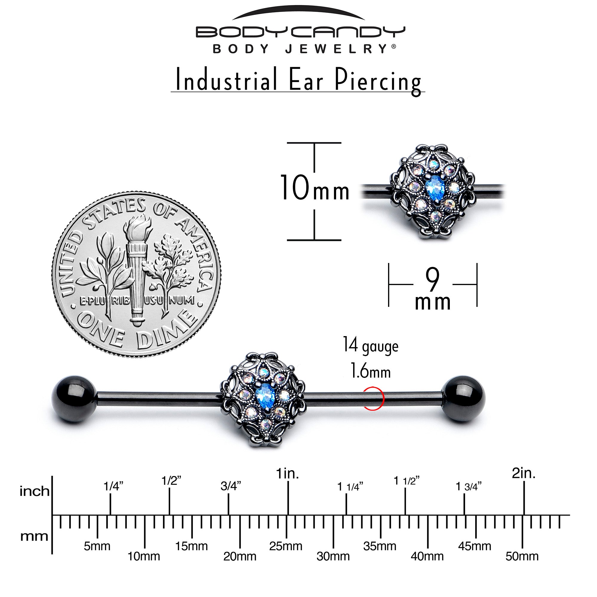 14 Gauge Blue Aurora Gem Black Night Blossom Industrial Barbell 38mm