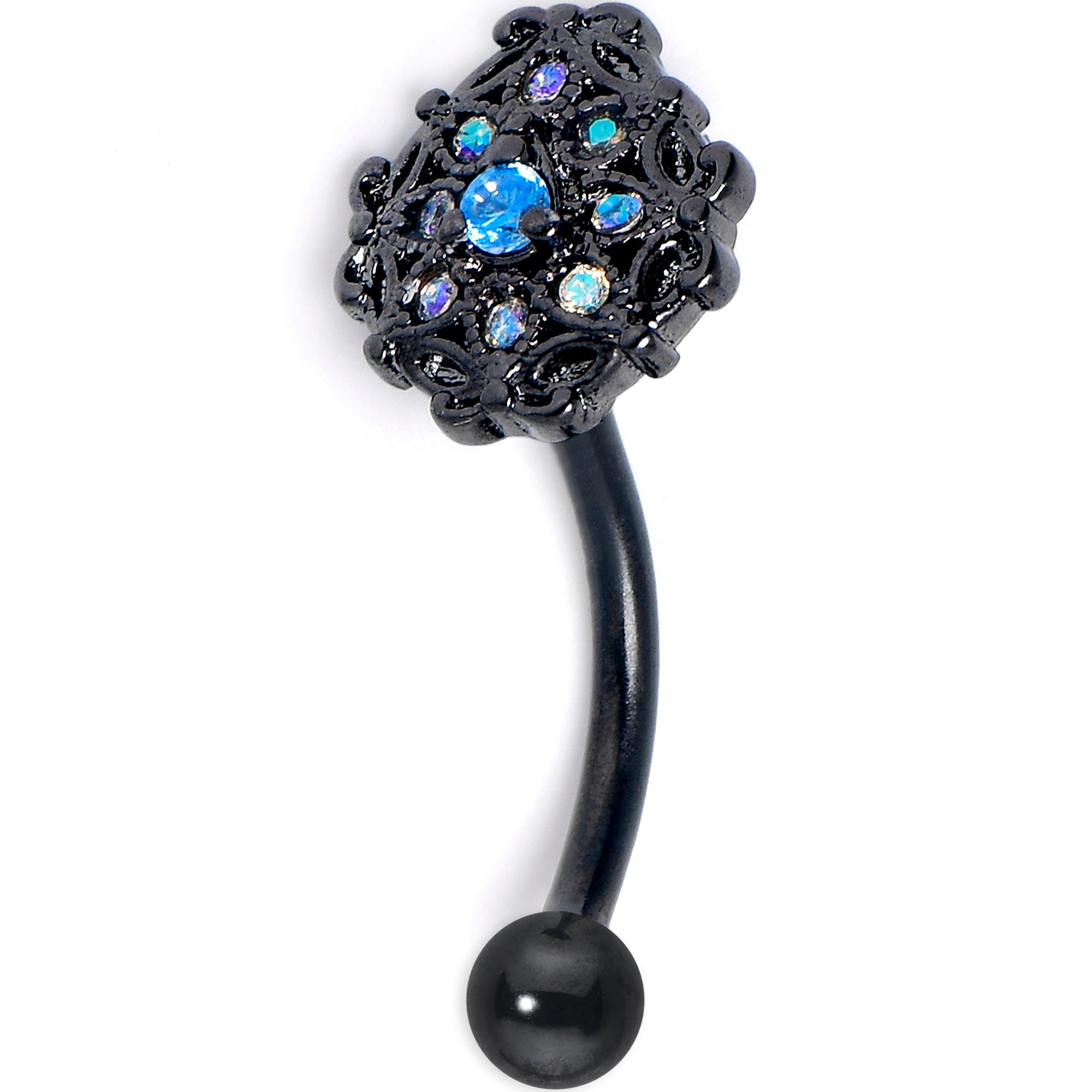 16 Gauge 5/16 Blue Aurora Gem Black Night Blossom Curved Eyebrow Ring