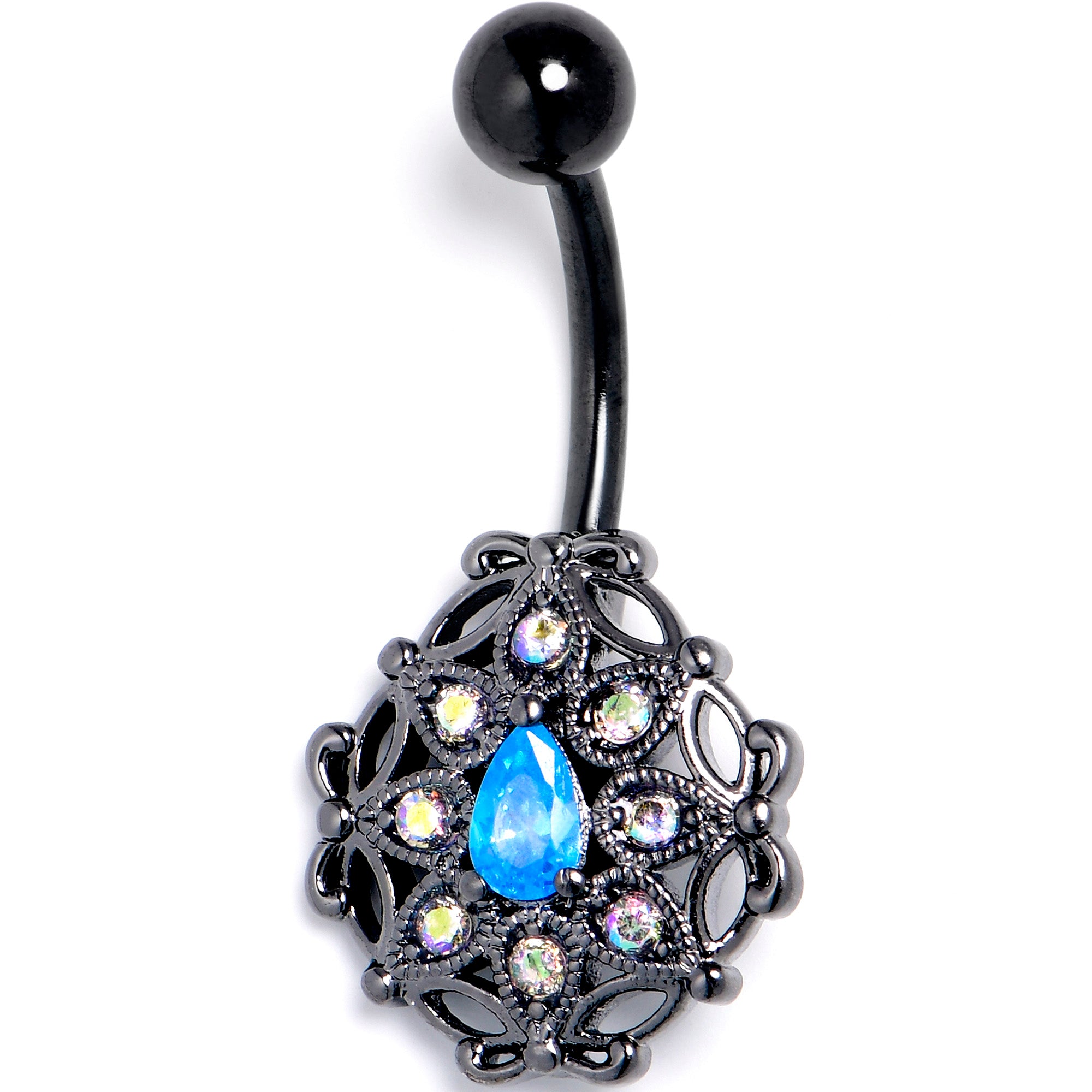 Blue Aurora Gem Black Night Blossom Belly Ring