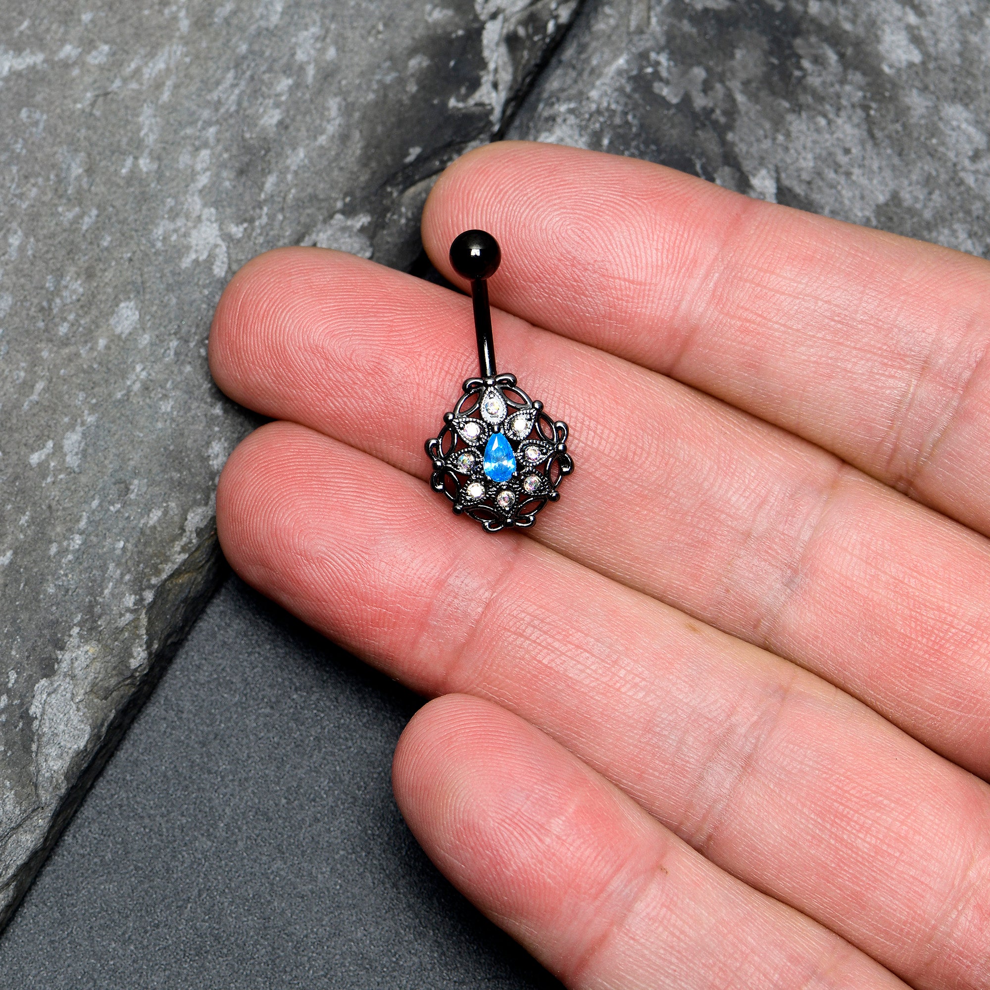 Blue Aurora Gem Black Night Blossom Belly Ring