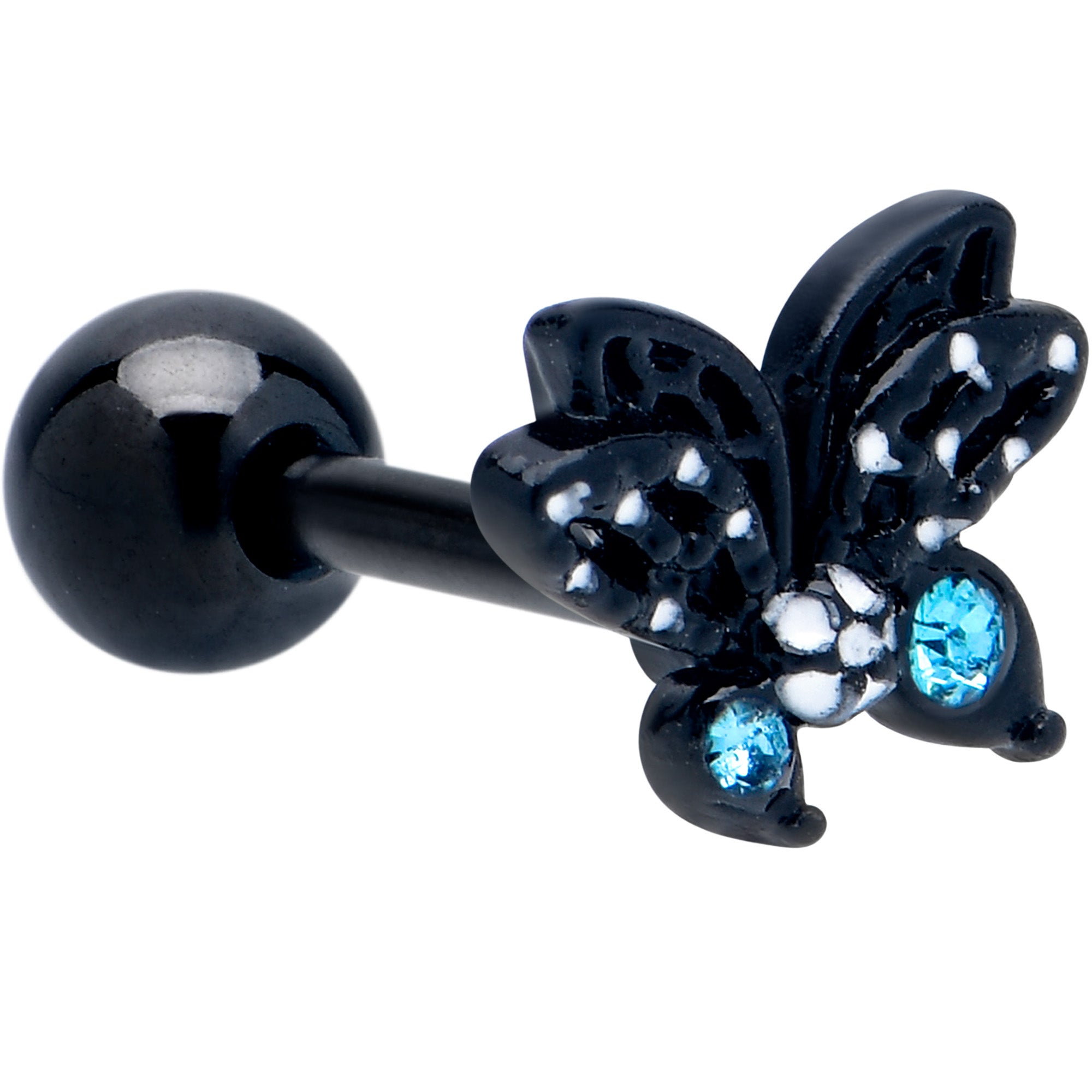 16 Gauge 1/4 Blue CZ Gem Black Night Drama Butterfly Cartilage Earring