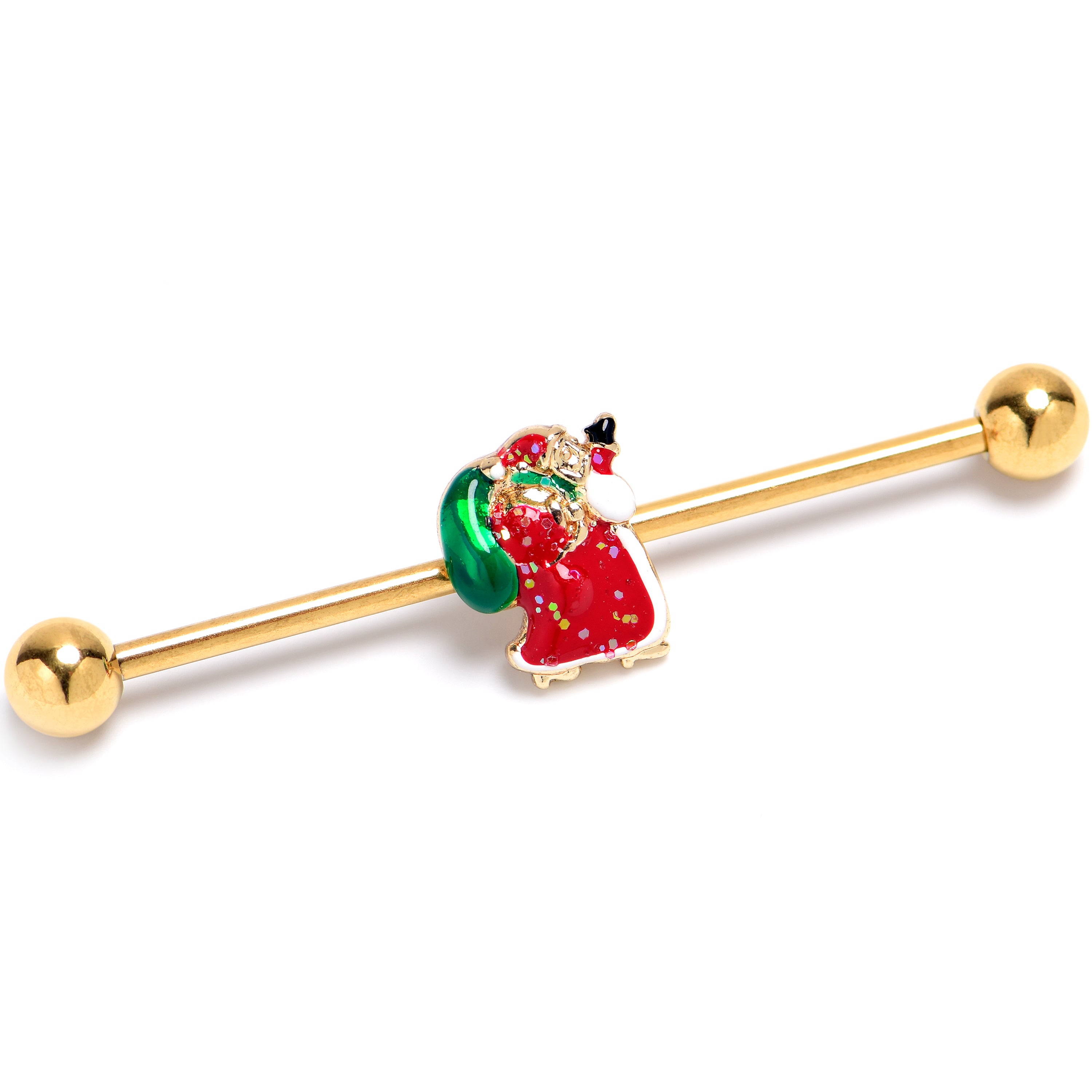 14 Gauge Gold Tone Glitter Santa Red Christmas Industrial Barbell 38mm