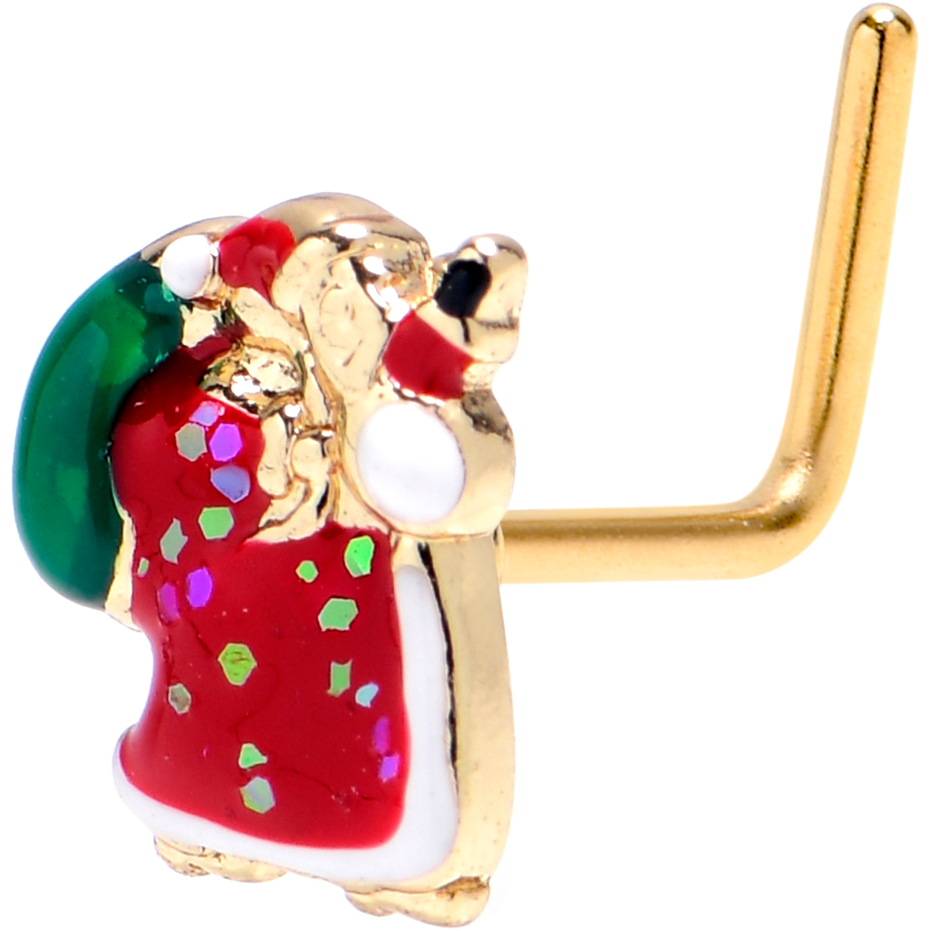 20 Gauge 7mm Gold Tone Glitter Santa Red Christmas L Shape Nose Ring