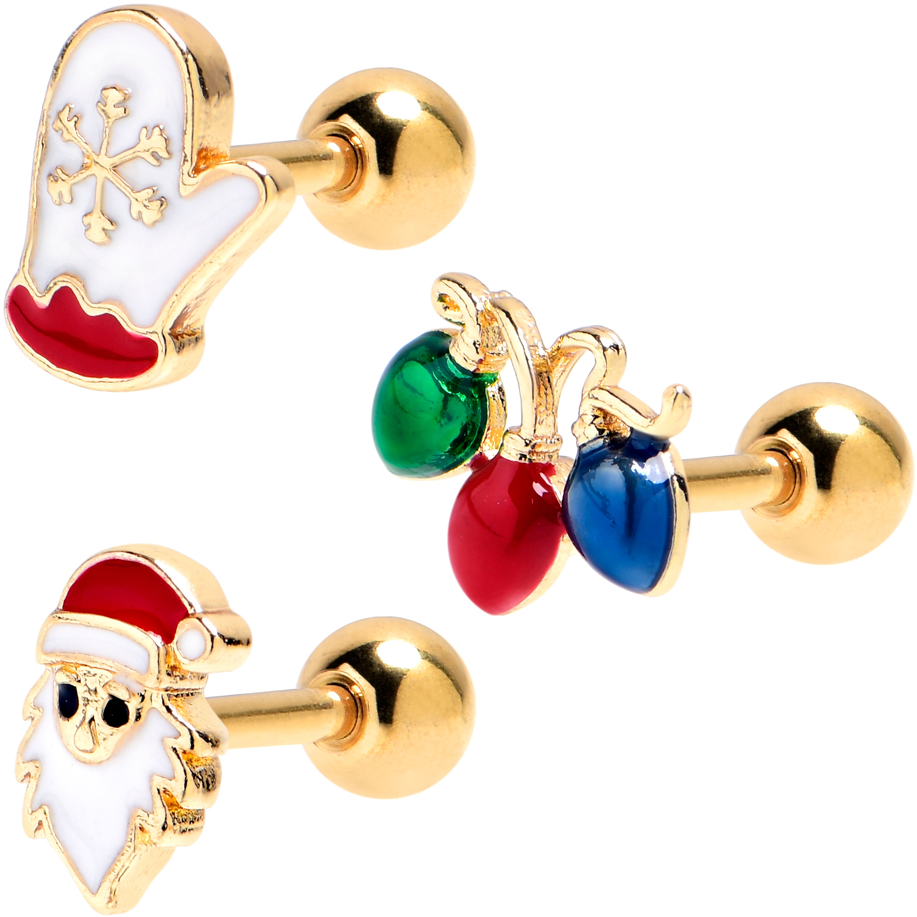 16 Gauge 1/4 Gold Tone Santa Mitten Lights Cartilage Tragus Set of 3