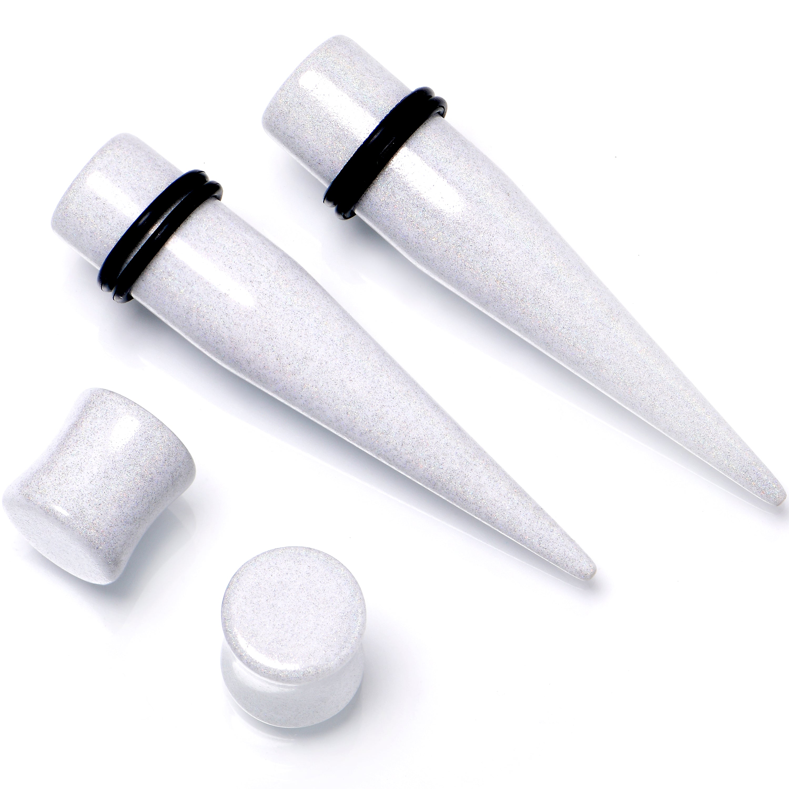 White Acrylic Shimmer Finish Taper Saddle Plug Set 6mm to 20mm Sizes