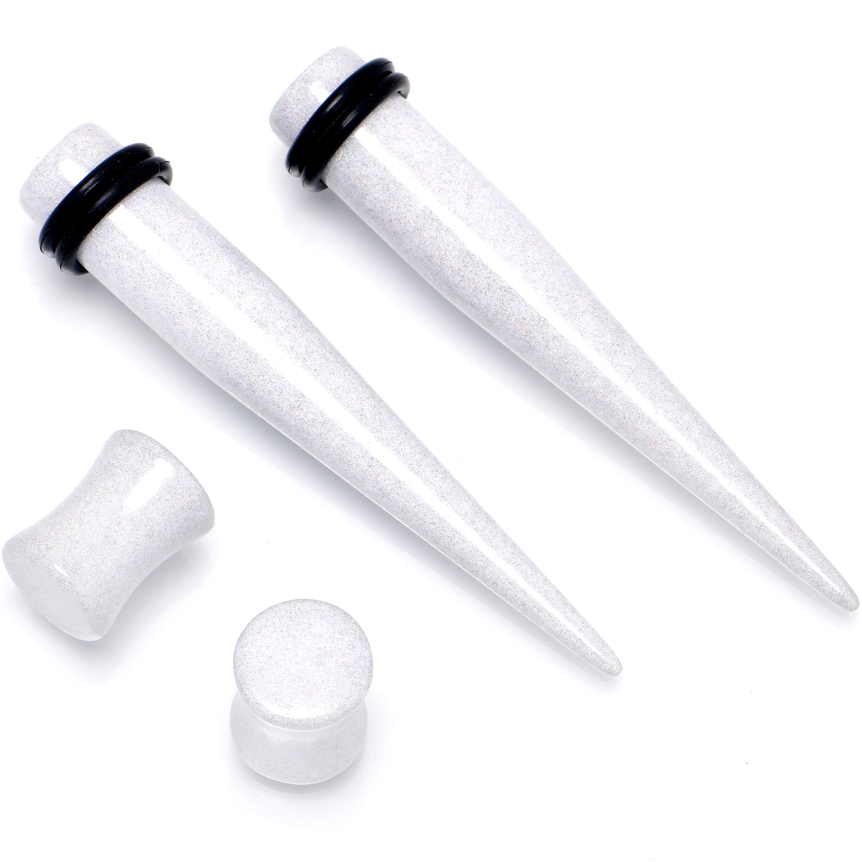 White Acrylic Shimmer Finish Taper Saddle Plug Set 6mm to 20mm Sizes