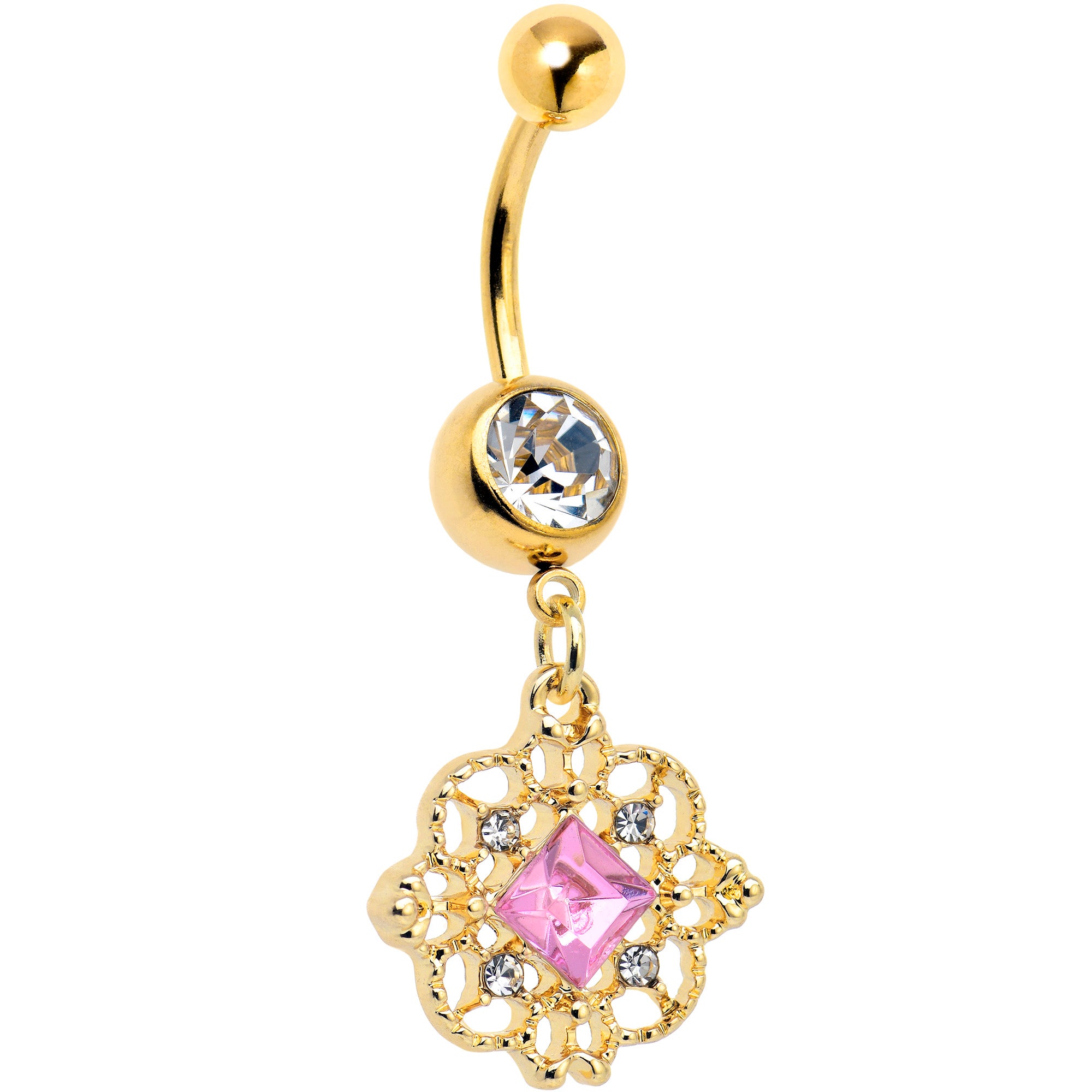 Clear Pink Gem Gold Tone Filigree Fantasy Dangle Belly Ring