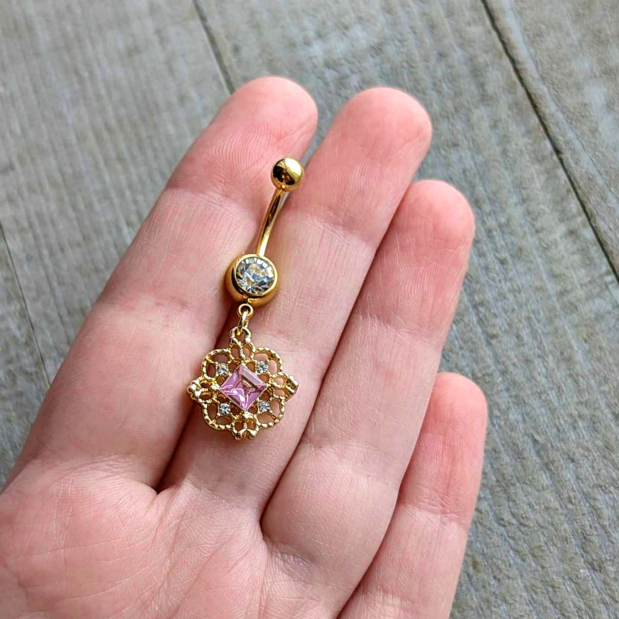 Clear Pink Gem Gold Tone Filigree Fantasy Dangle Belly Ring