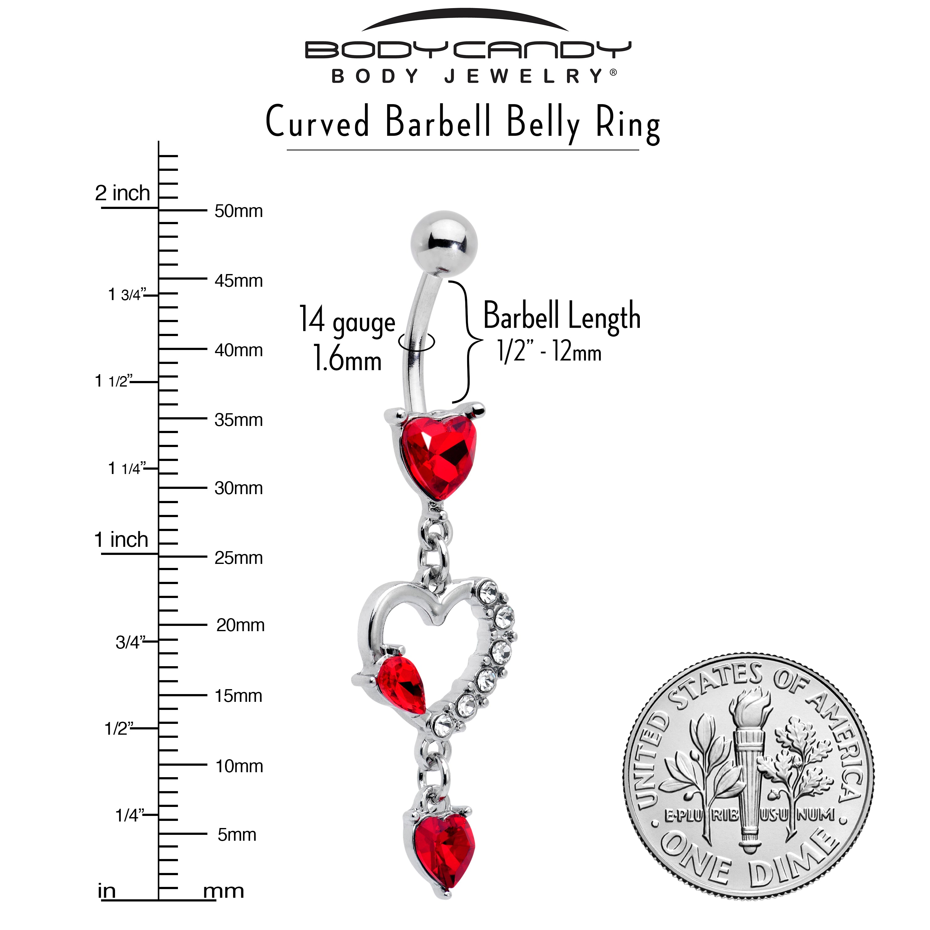 Clear Red CZ Gem Devilish Heart Dangle Belly Ring