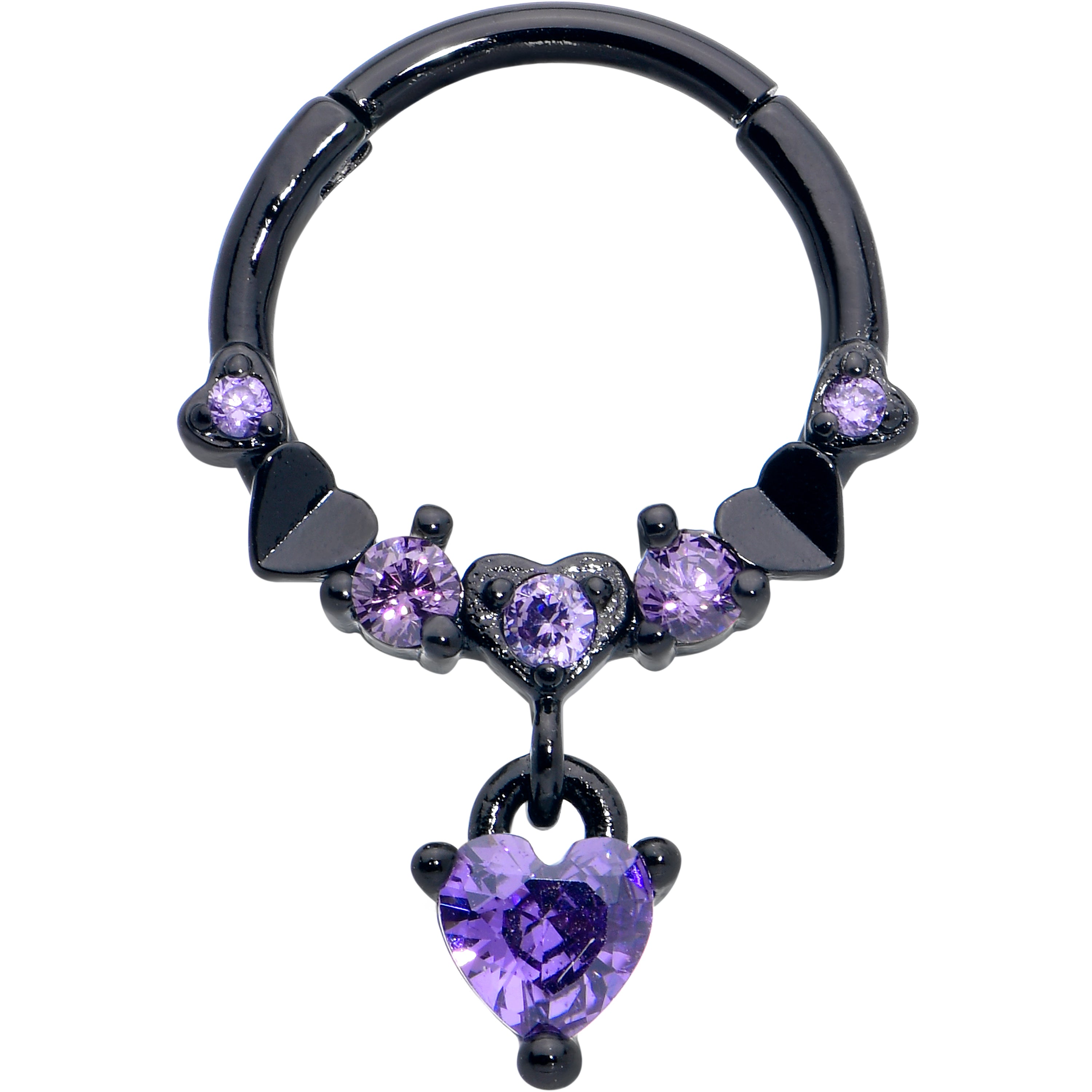 16 Gauge 3/8 Purple CZ Gem Black Love Heart Dangle Hinged Segment Ring