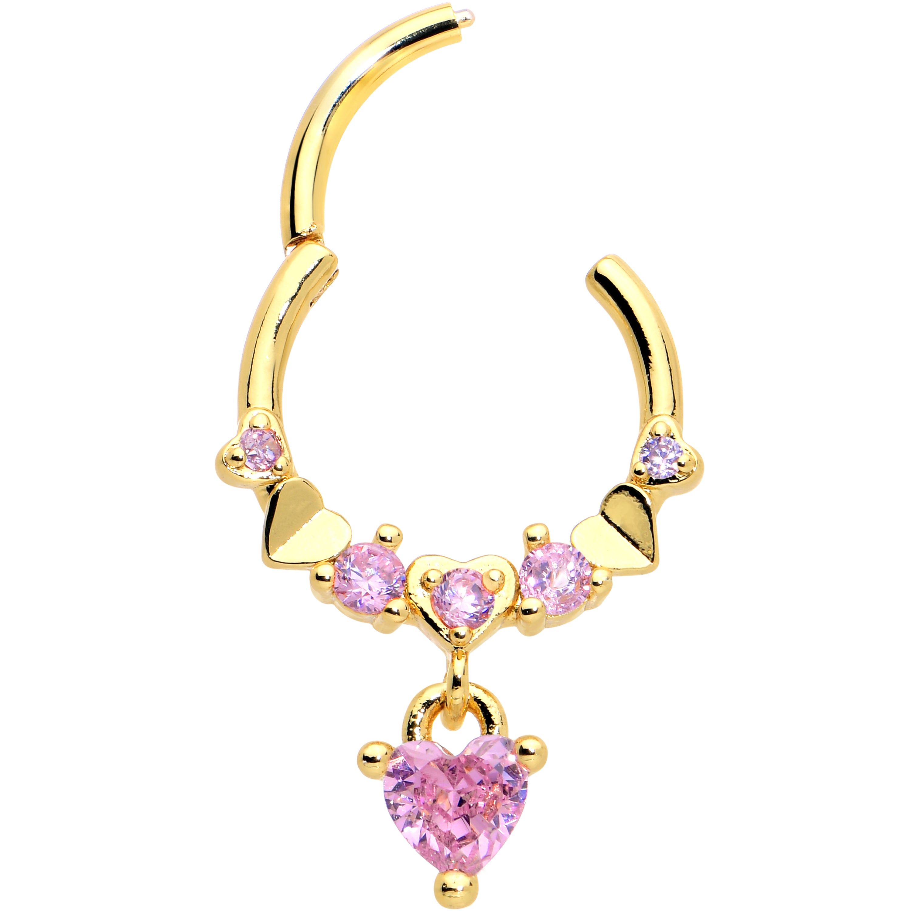 16 Gauge 3/8 Pink CZ Gem Gold Tone Love Heart Dangle Hinged Segment Ring