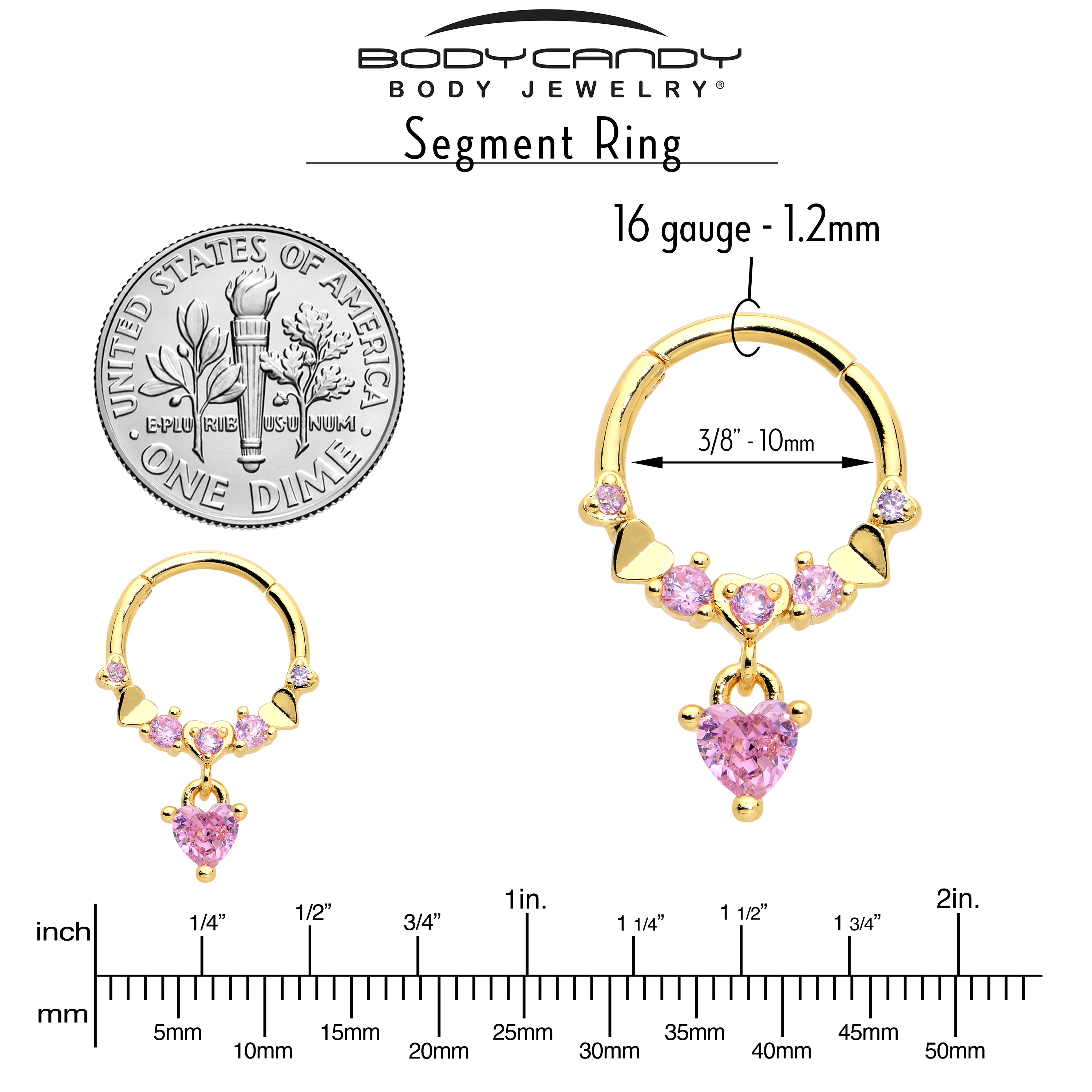 16 Gauge 3/8 Pink CZ Gem Gold Tone Love Heart Dangle Hinged Segment Ring