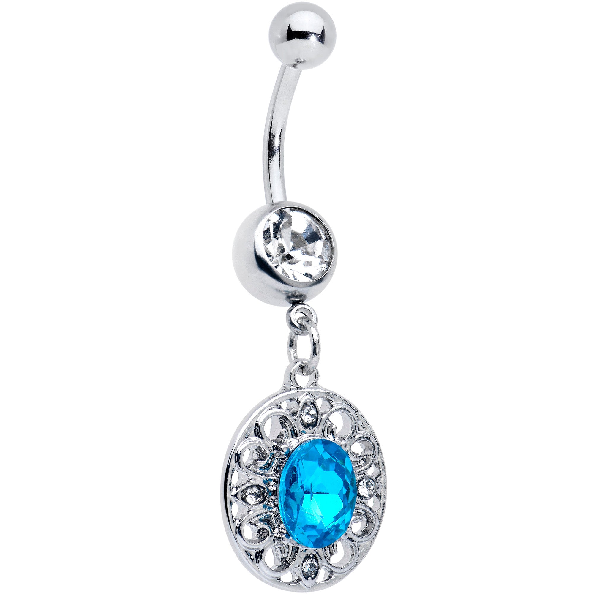 Clear Blue Gem Flower Oval Elegance Dangle Belly Ring