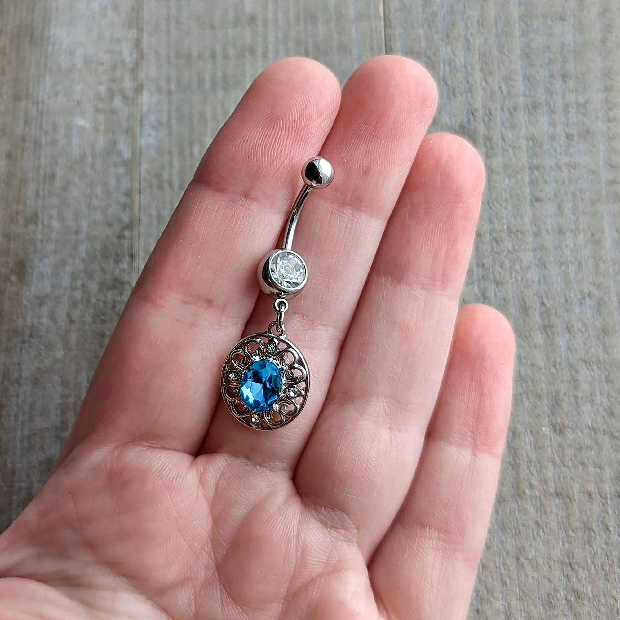 Clear Blue Gem Flower Oval Elegance Dangle Belly Ring