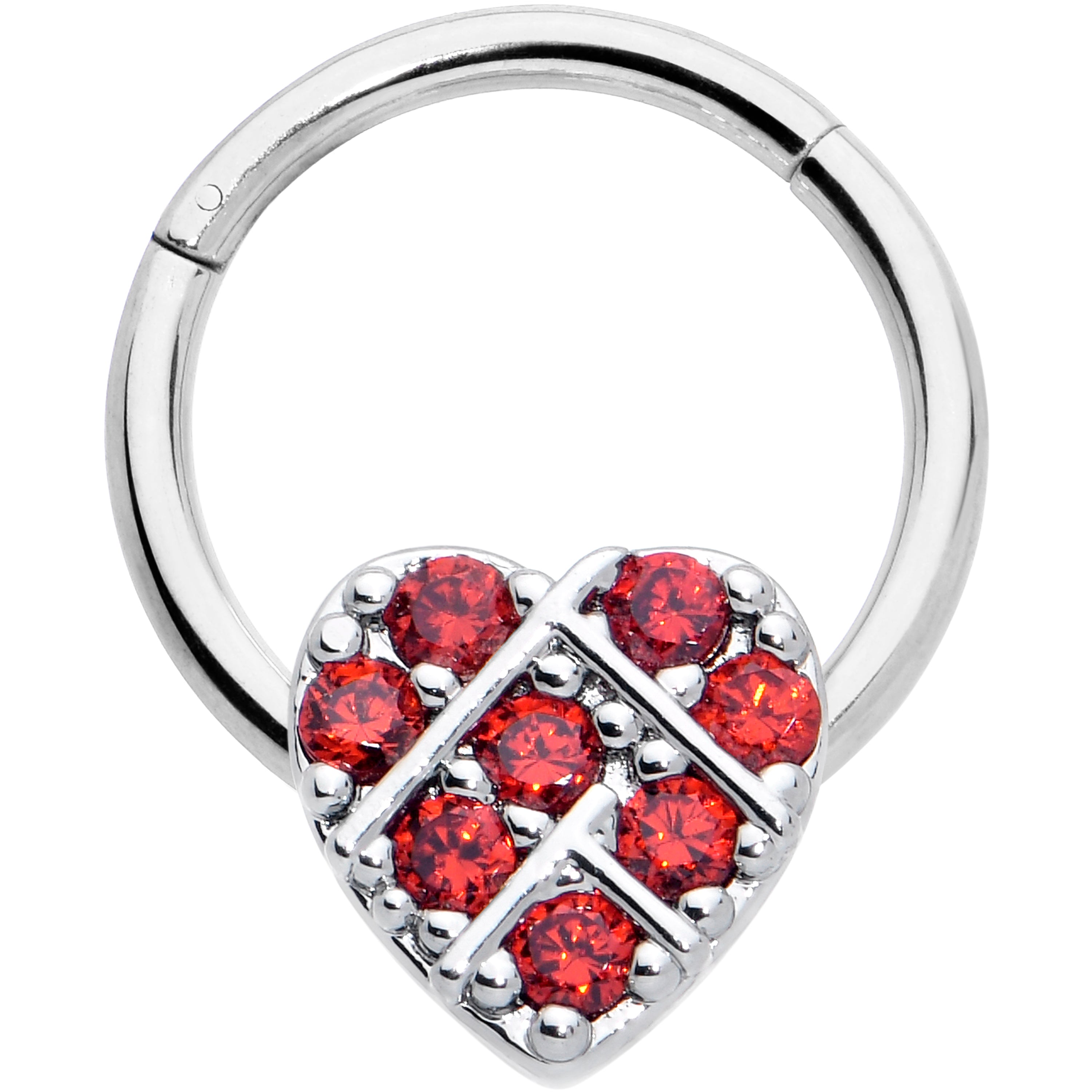 16 Gauge 3/8 Red CZ Gem Lattice Heart Hinged Segment Ring