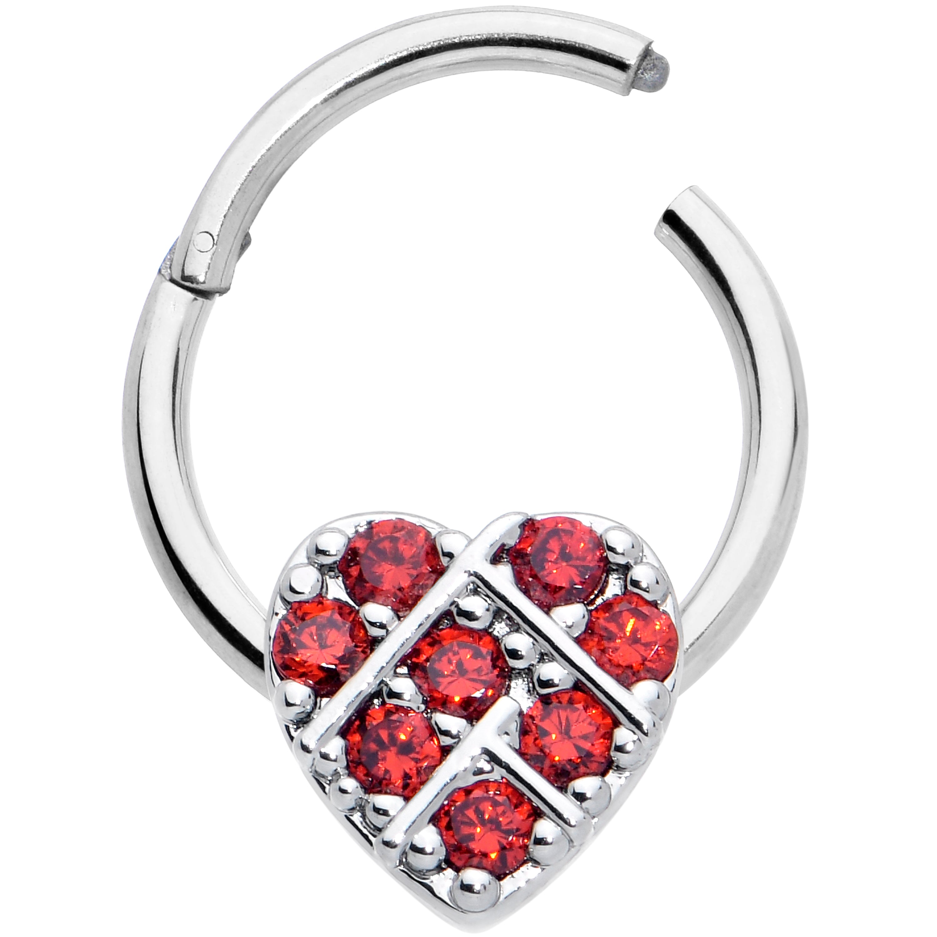 16 Gauge 3/8 Red CZ Gem Lattice Heart Hinged Segment Ring