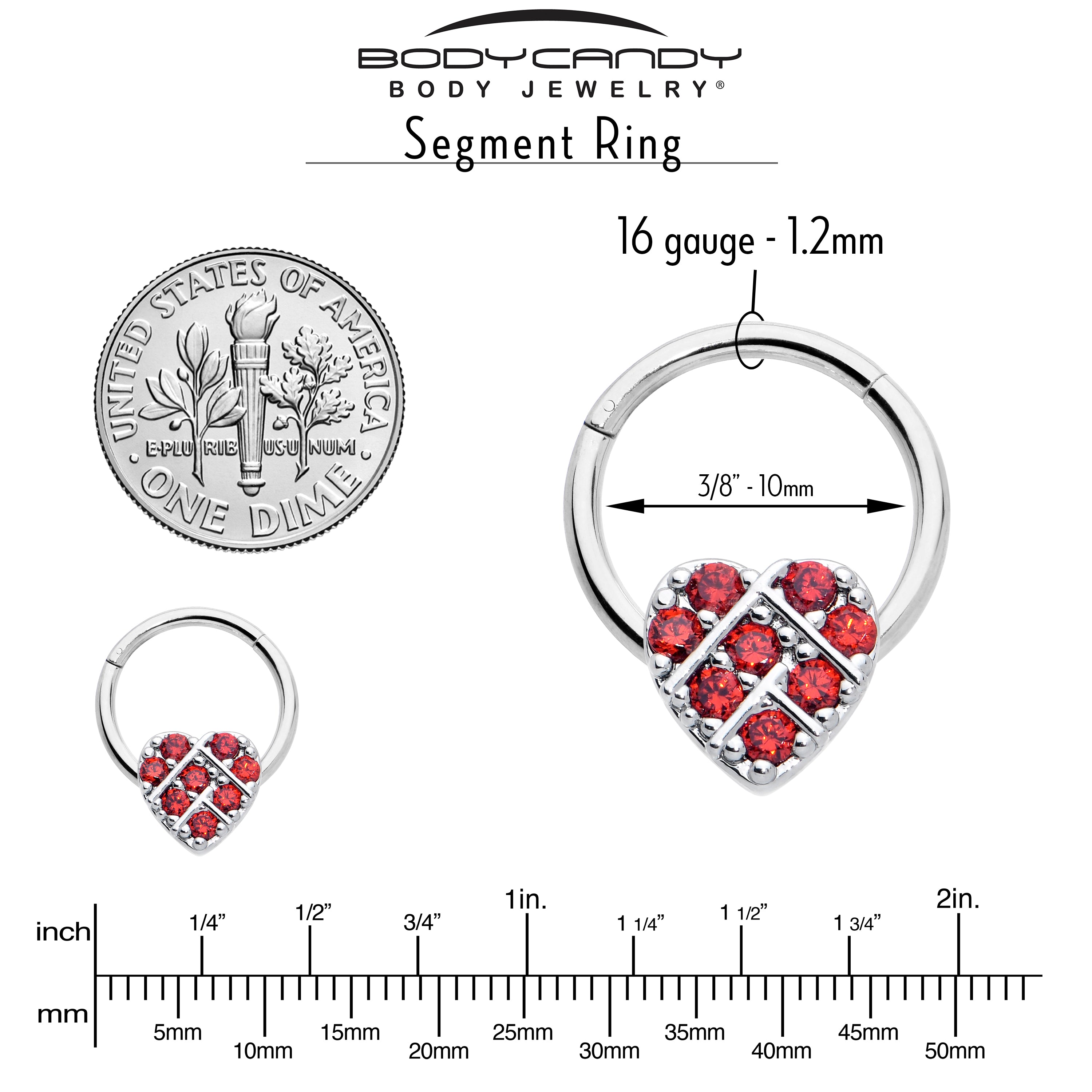 16 Gauge 3/8 Red CZ Gem Lattice Heart Hinged Segment Ring