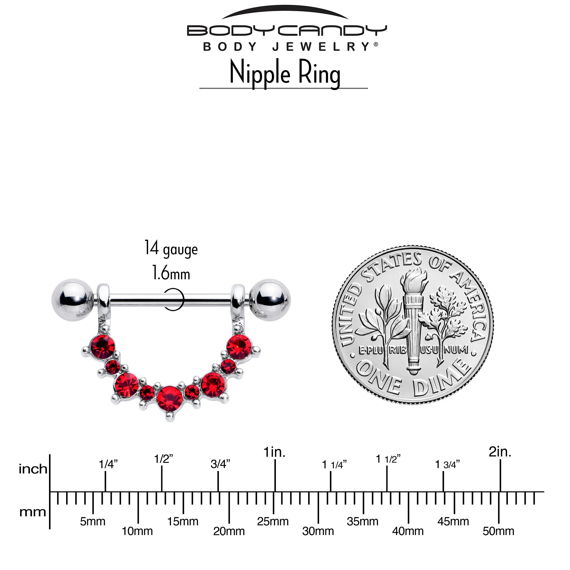 14 Gauge 9/16 Red CZ Gem January Birthstone Dangle Nipple Shield Set