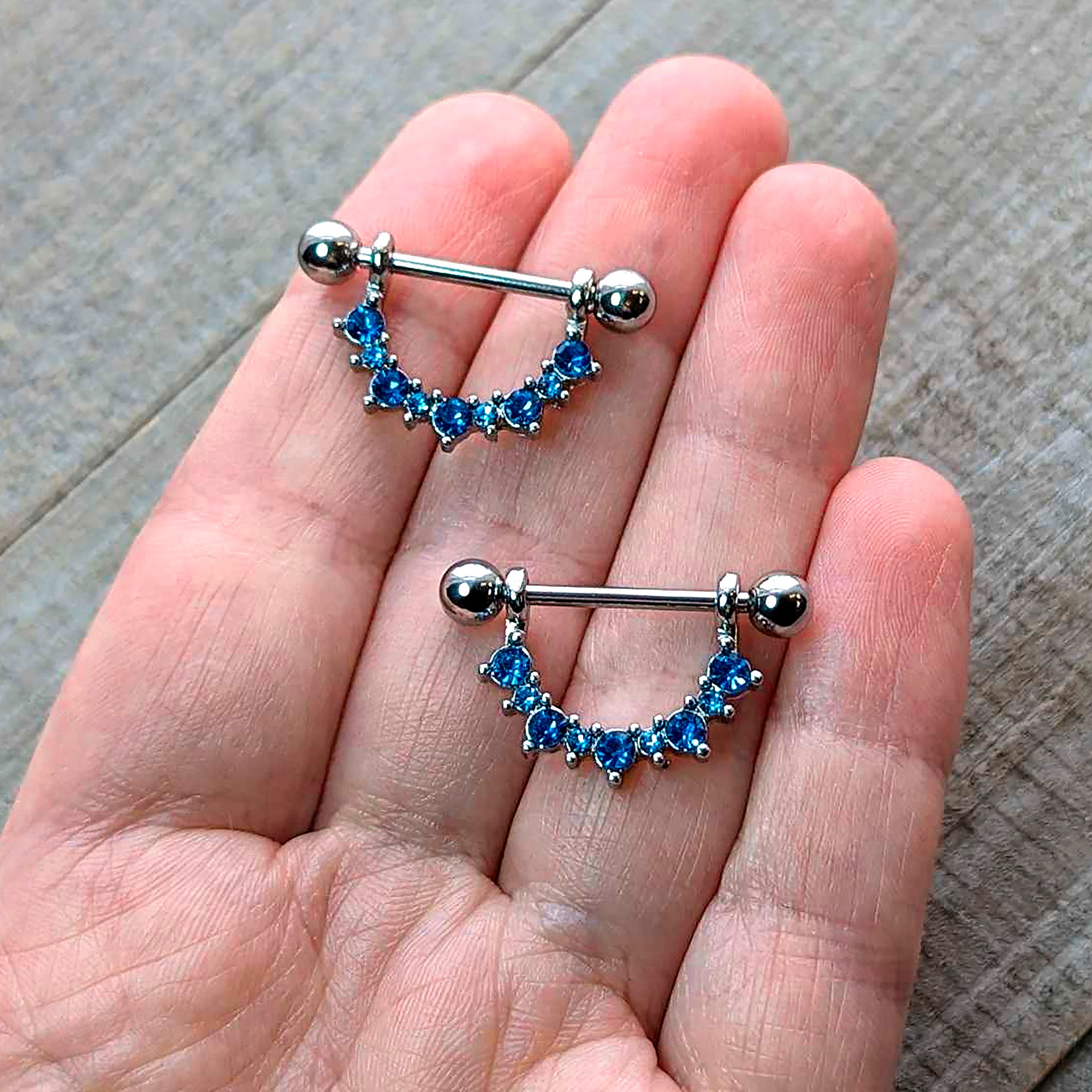 14 Gauge 9/16 Blue CZ Gem December Birthstone Dangle Nipple Shield Set