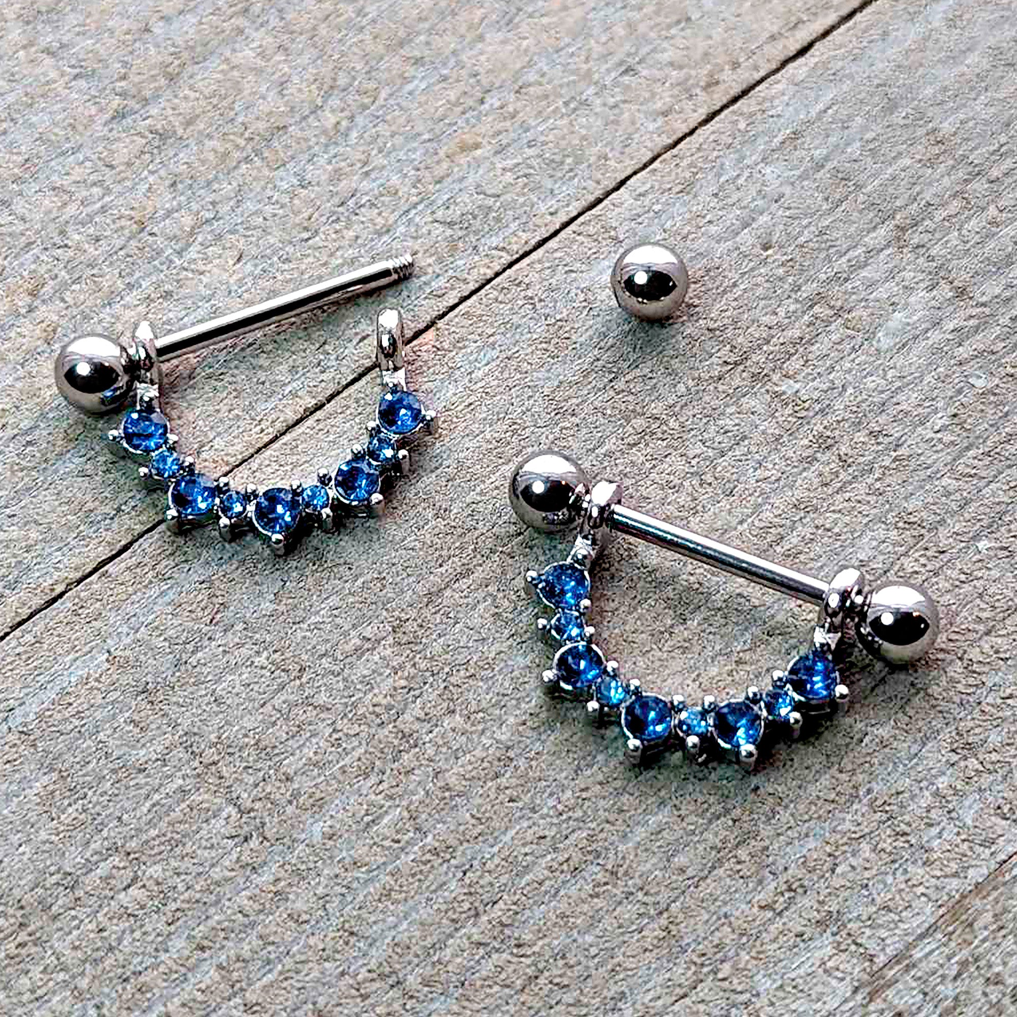 14 Gauge 9/16 Blue CZ Gem December Birthstone Dangle Nipple Shield Set