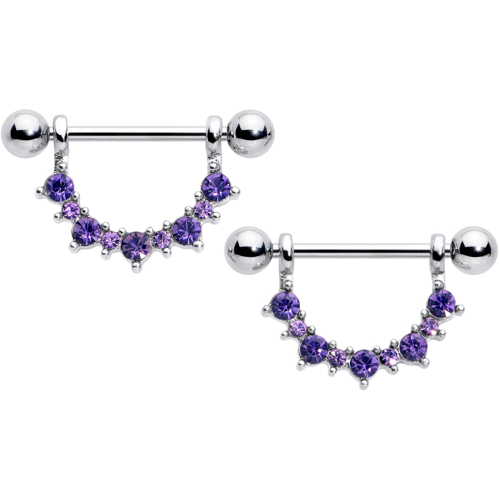 14 Gauge 9/16 Purple CZ Gem February Birthstone Dangle Nipple Shield Set