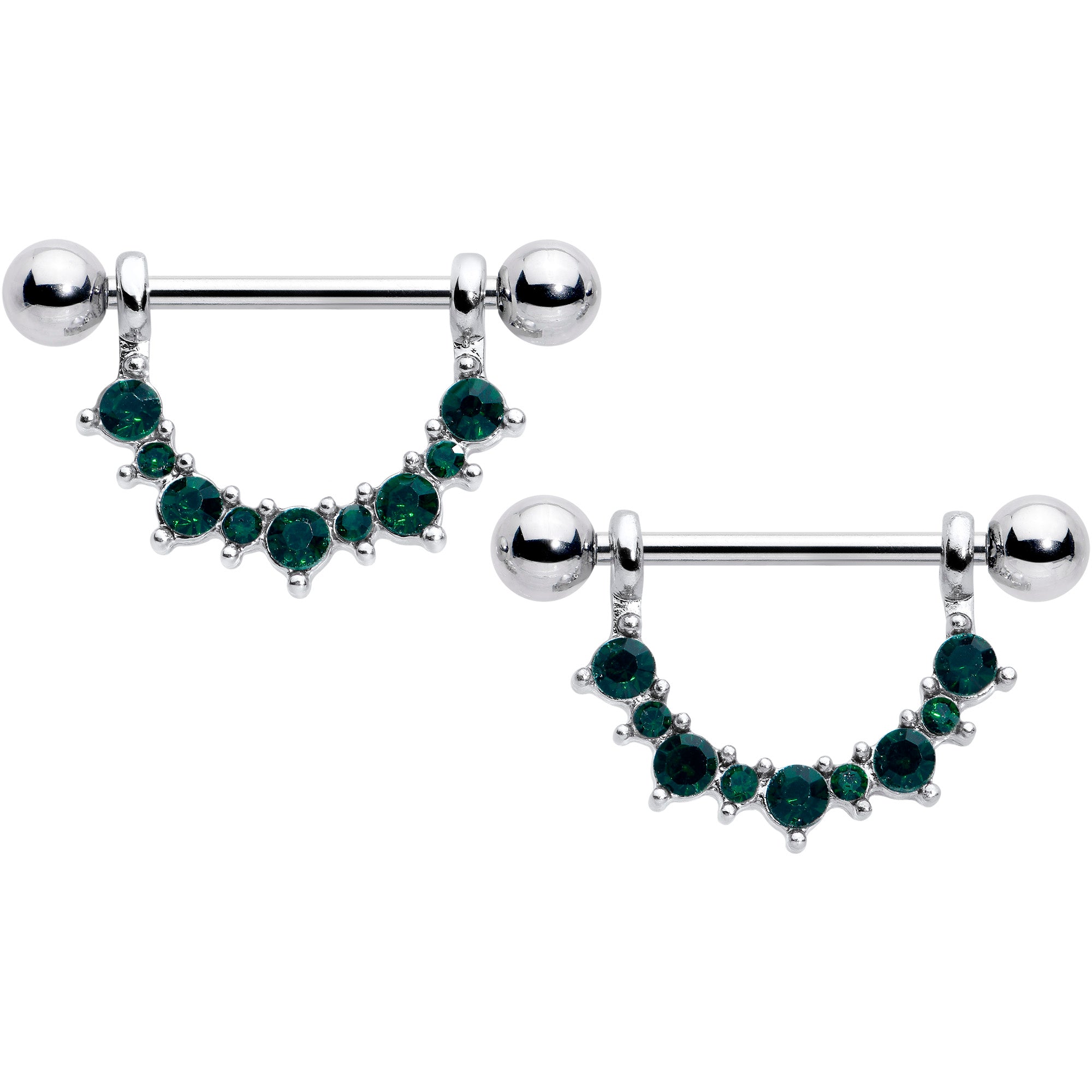 14 Gauge 9/16 Green CZ Gem May Birthstone Dangle Nipple Shield Set