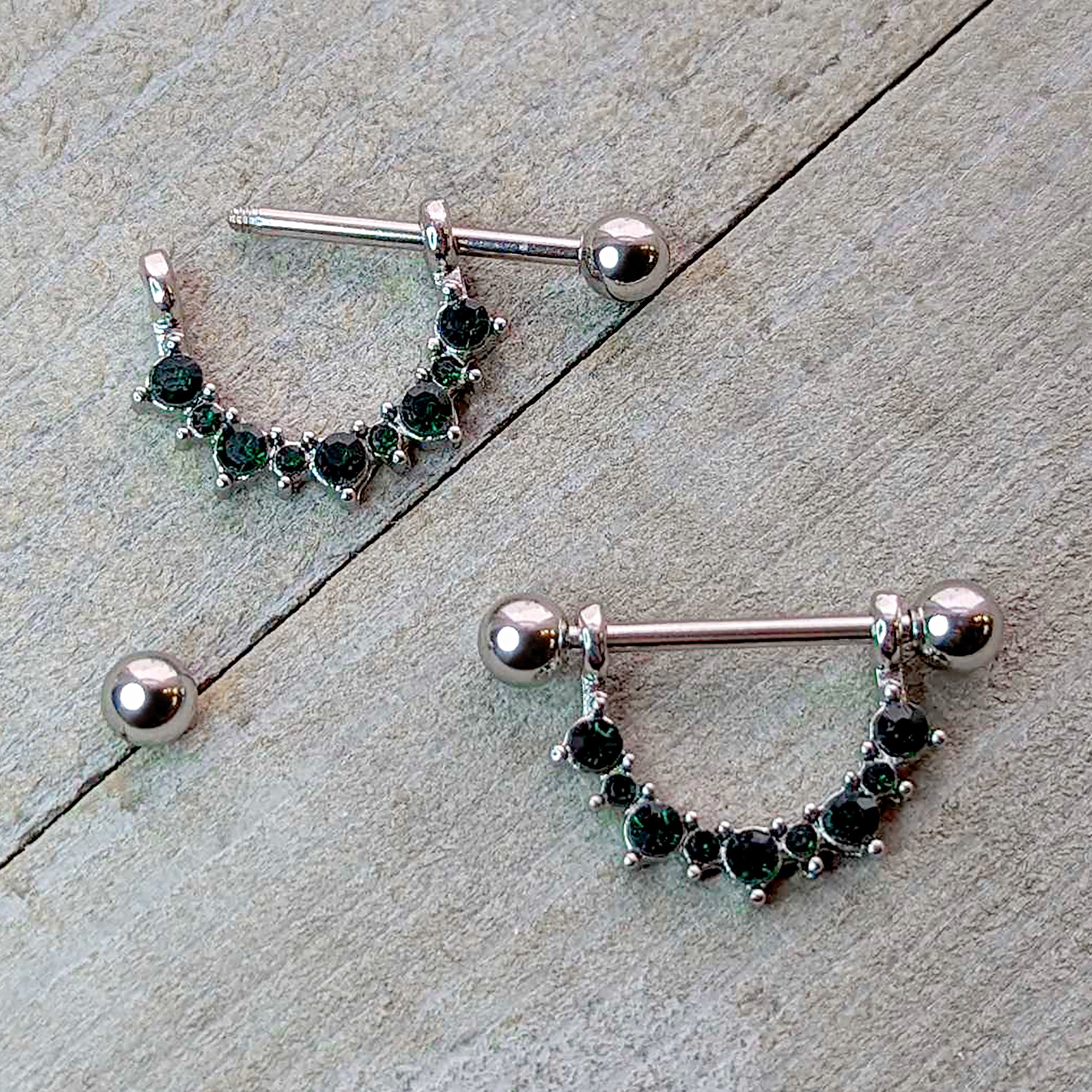 14 Gauge 9/16 Green CZ Gem May Birthstone Dangle Nipple Shield Set