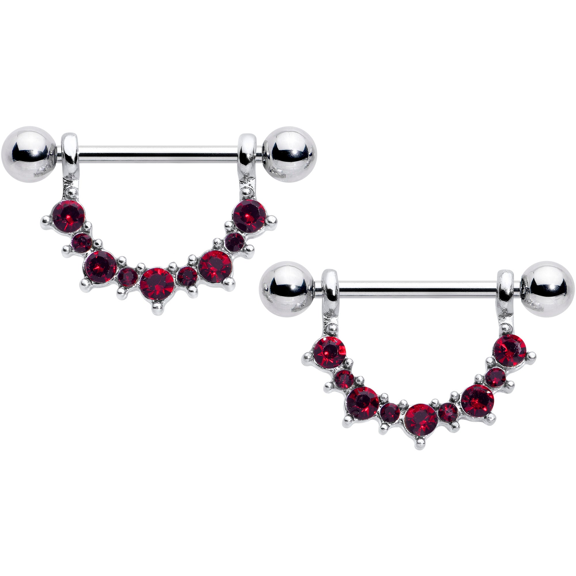 14 Gauge 9/16 Red CZ Gem July Birthstone Dangle Nipple Shield Set