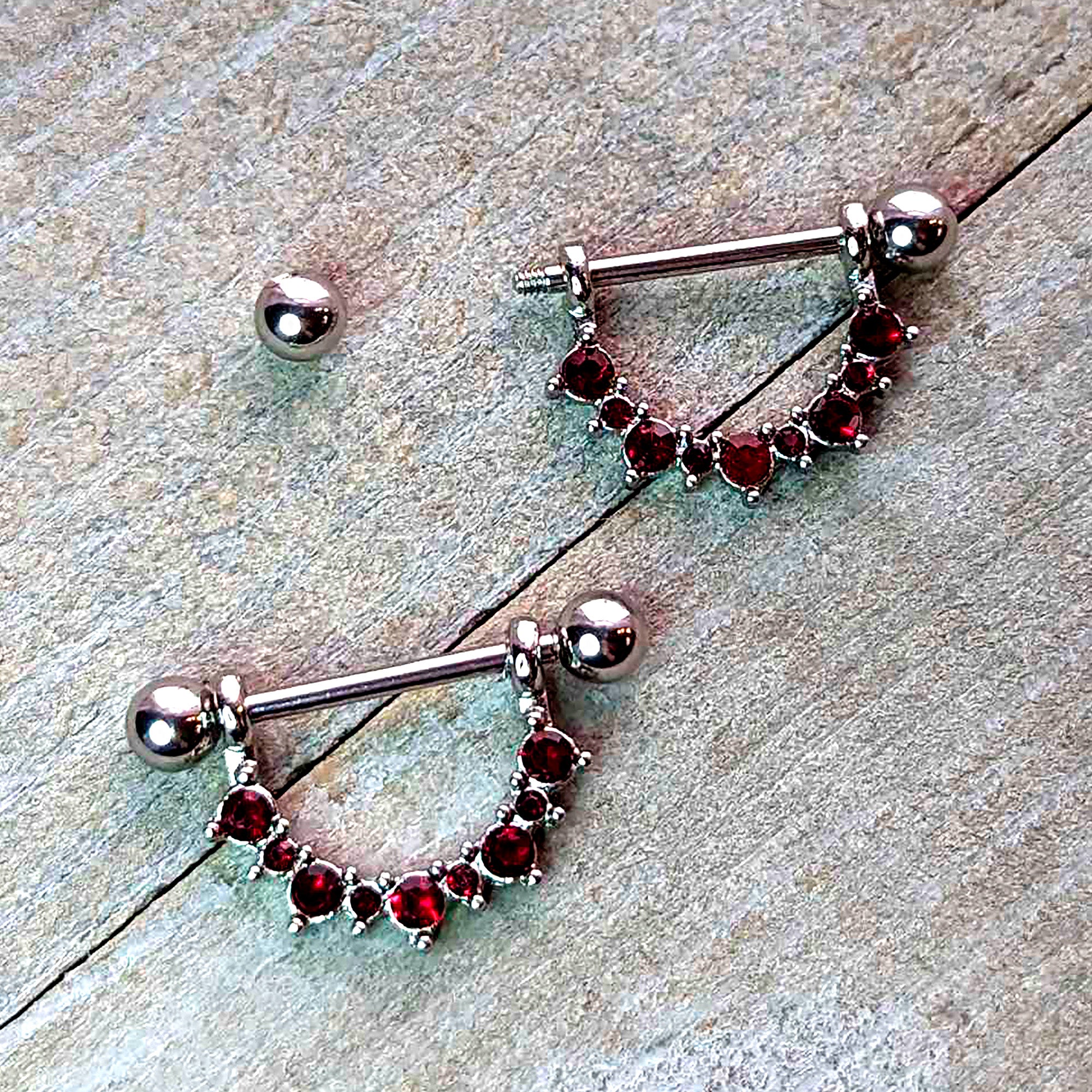 14 Gauge 9/16 Red CZ Gem July Birthstone Dangle Nipple Shield Set