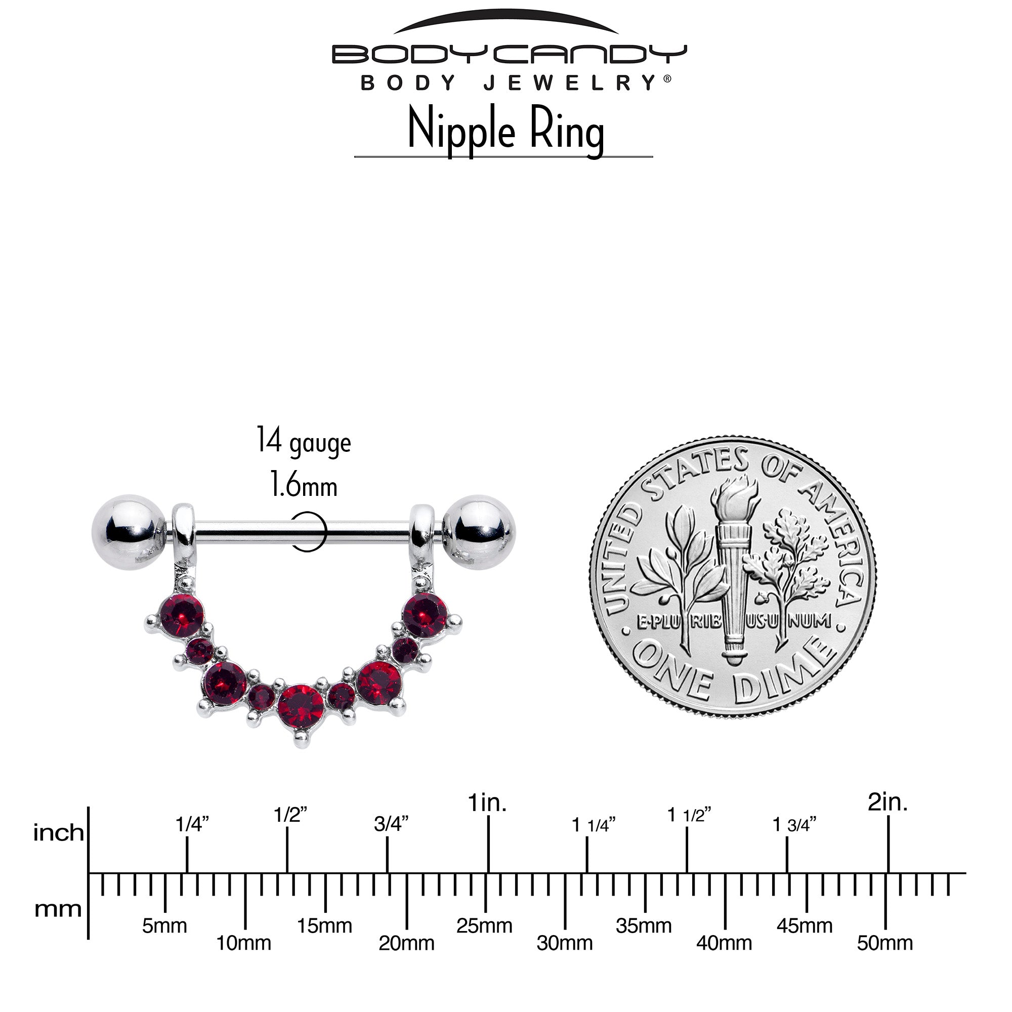 14 Gauge 9/16 Red CZ Gem July Birthstone Dangle Nipple Shield Set